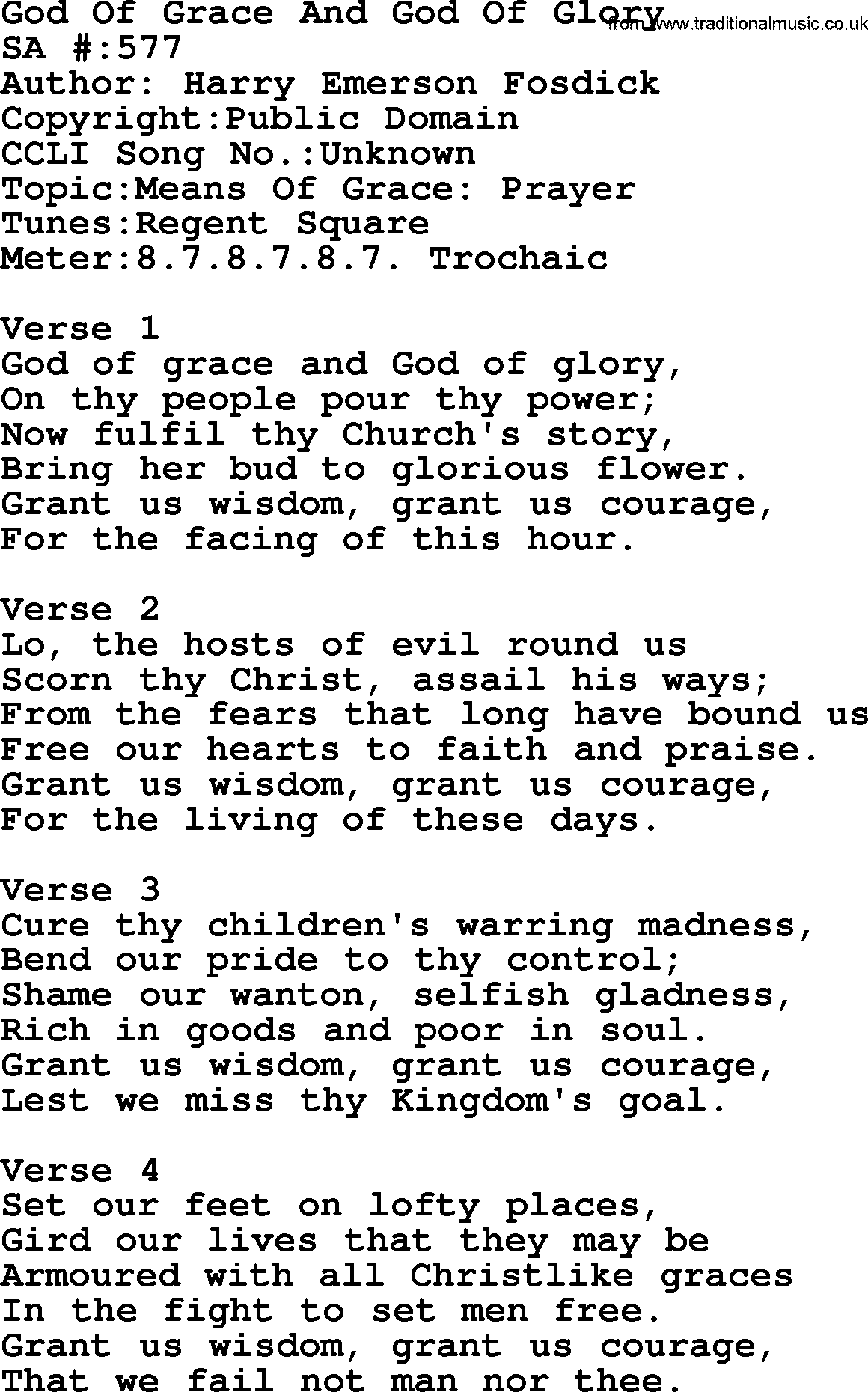 Salvation Army Hymnal, title: God Of Grace And God Of Glory, with lyrics and PDF,