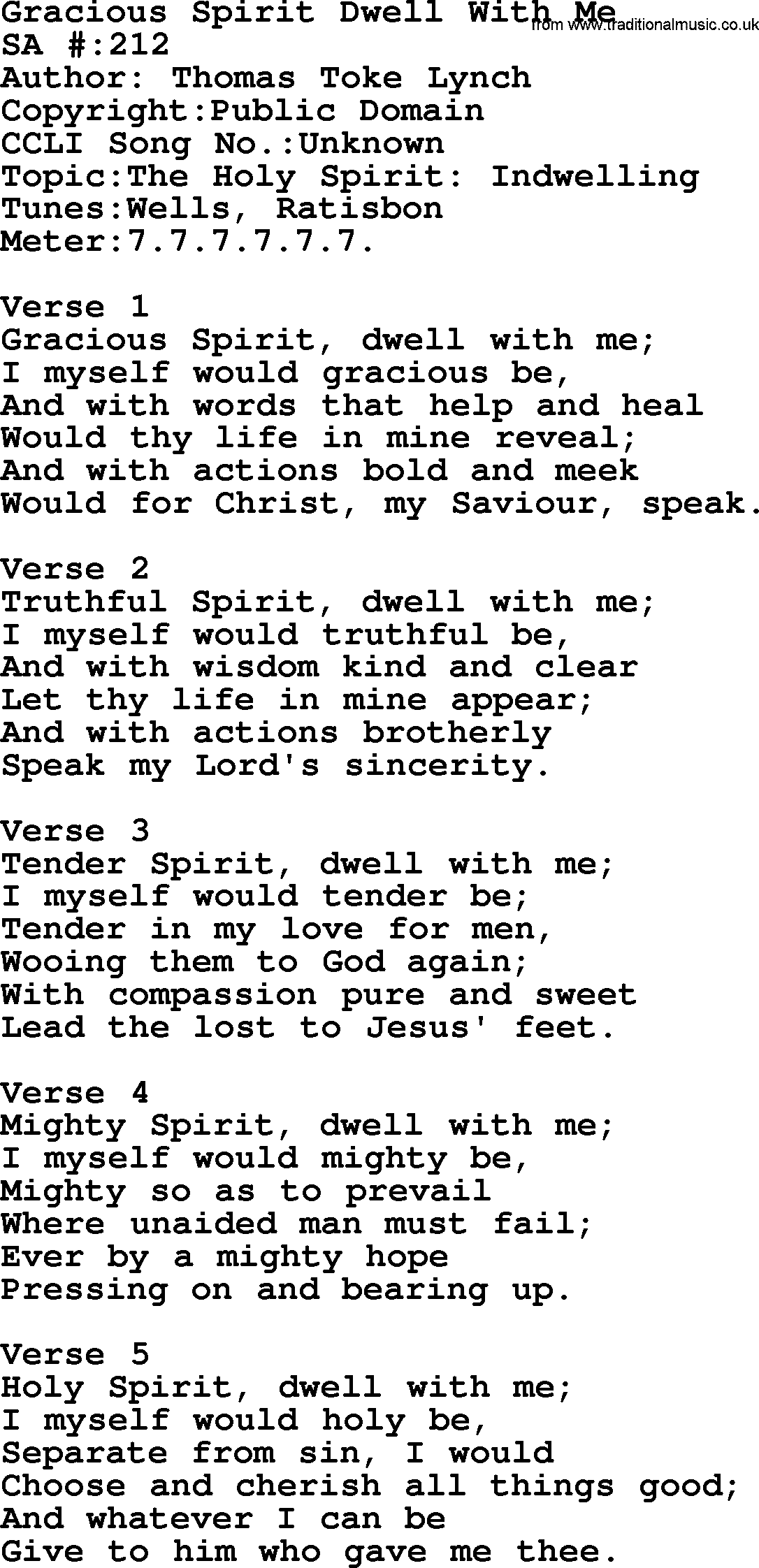 Salvation Army Hymnal, title: Gracious Spirit Dwell With Me, with lyrics and PDF,