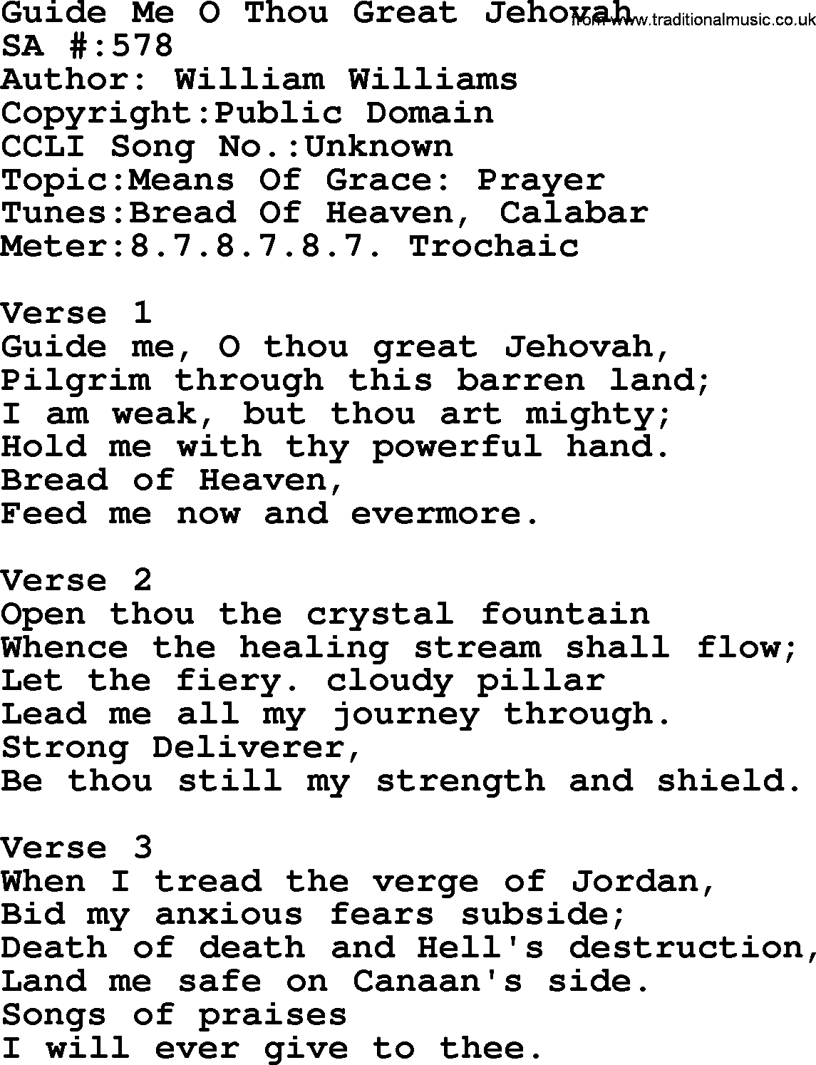 Salvation Army Hymnal, title: Guide Me O Thou Great Jehovah, with lyrics and PDF,