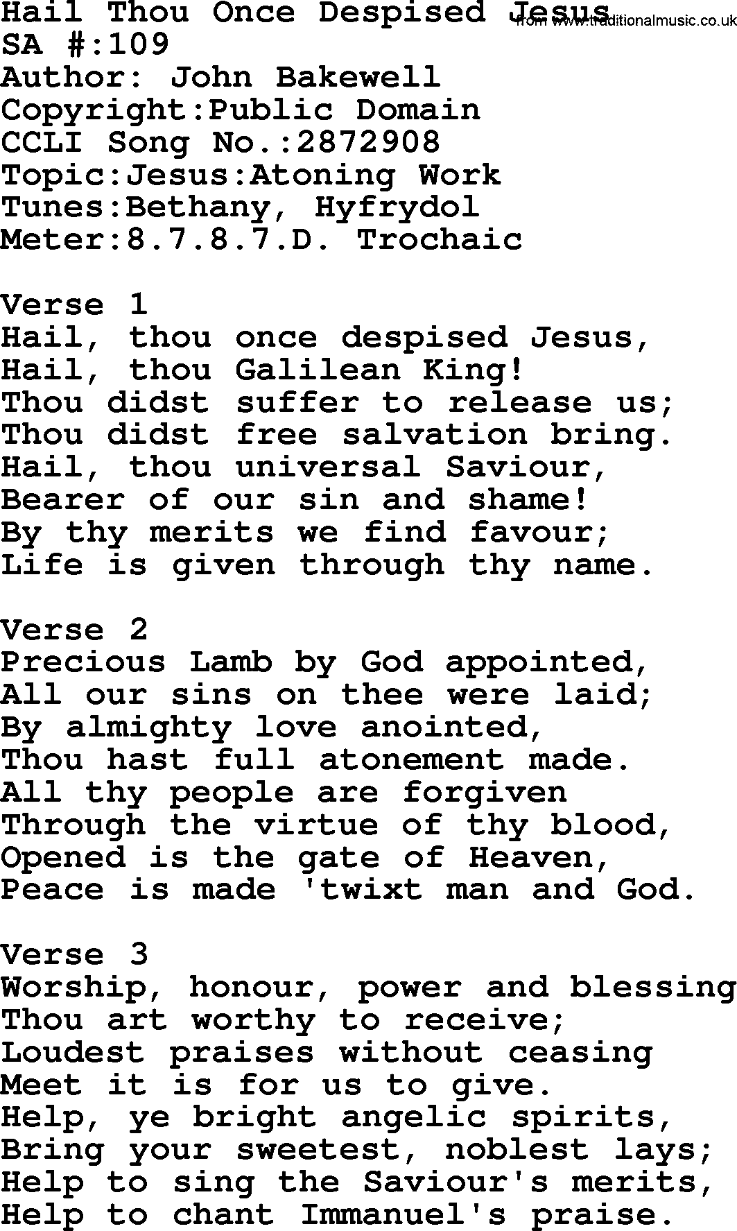 Salvation Army Hymnal, title: Hail Thou Once Despised Jesus, with lyrics and PDF,