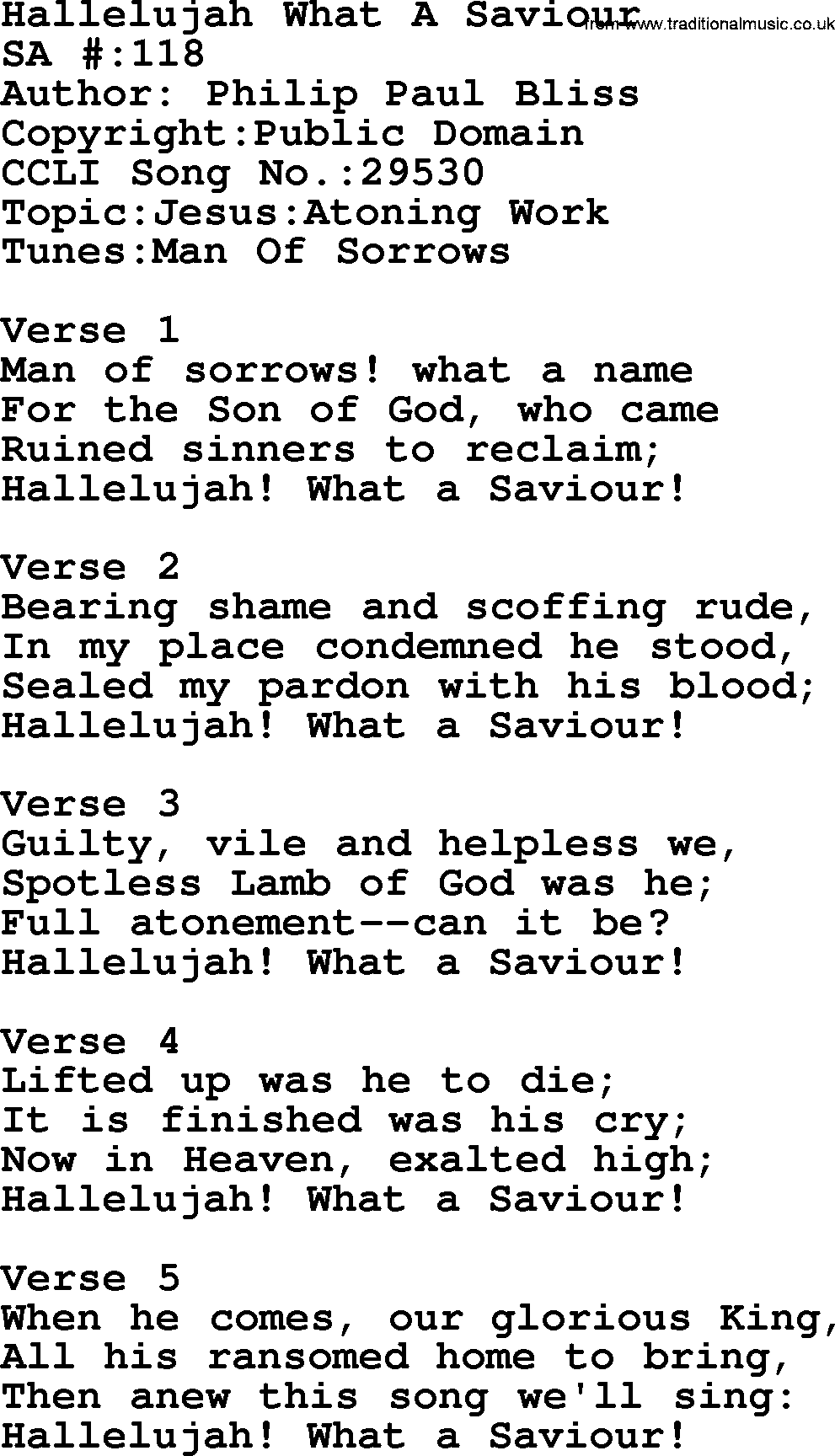 Salvation Army Hymnal, title: Hallelujah What A Saviour, with lyrics and PDF,