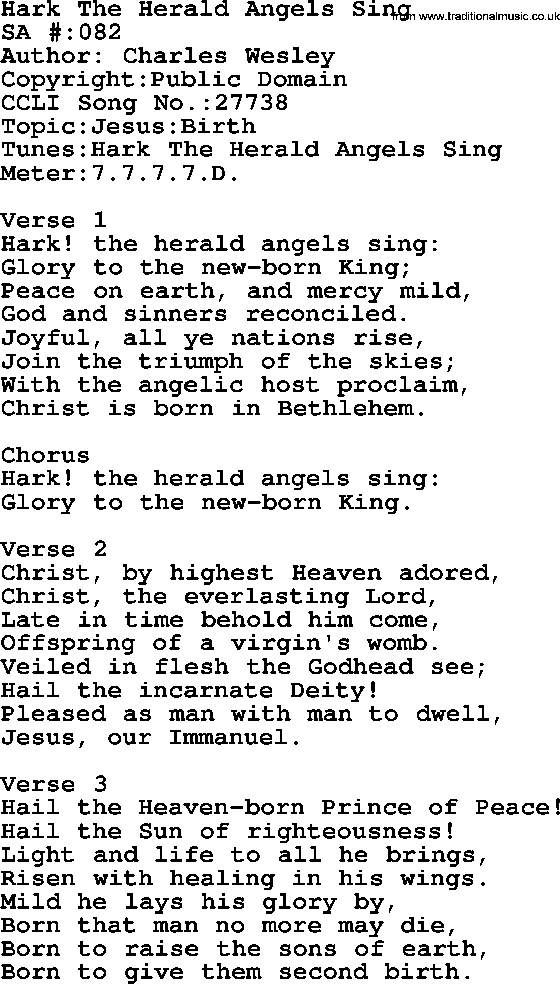 Salvation Army Hymnal, title: Hark The Herald Angels Sing, with lyrics and PDF,
