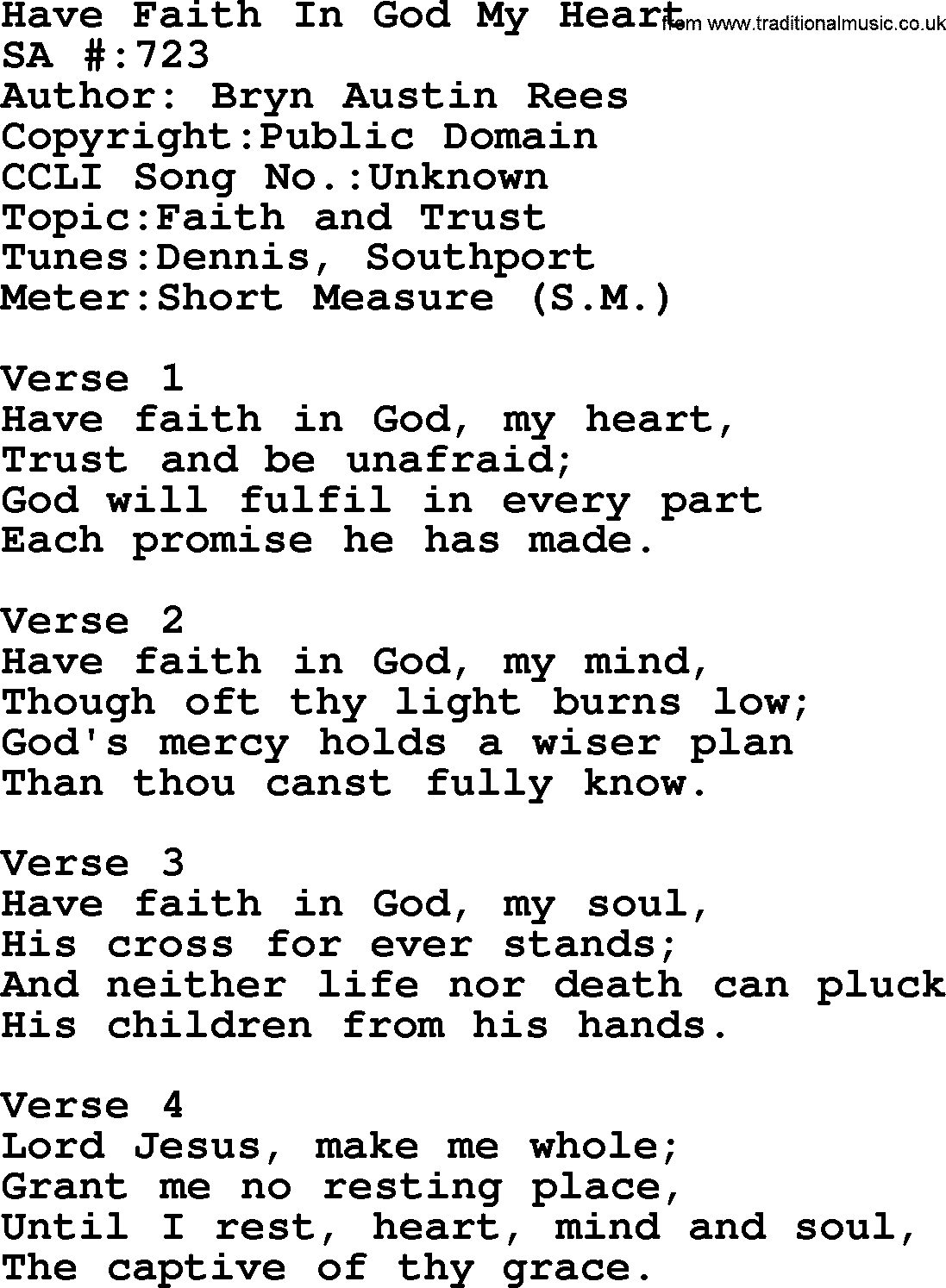 Salvation Army Hymnal, title: Have Faith In God My Heart, with lyrics and PDF,
