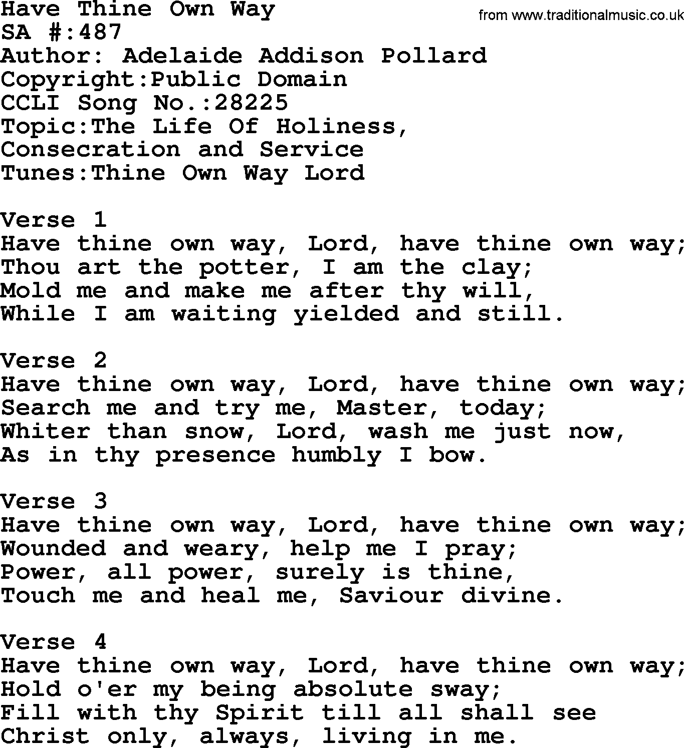 Salvation Army Hymnal, title: Have Thine Own Way, with lyrics and PDF,