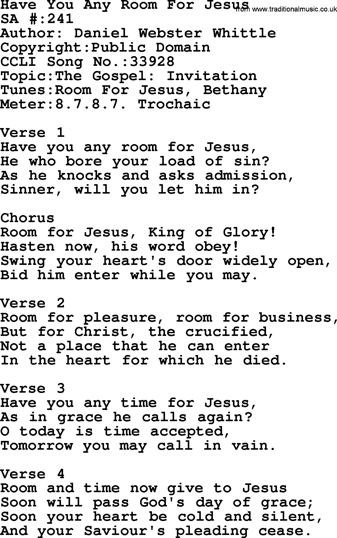 Salvation Army Hymnal, title: Have You Any Room For Jesus, with lyrics and PDF,