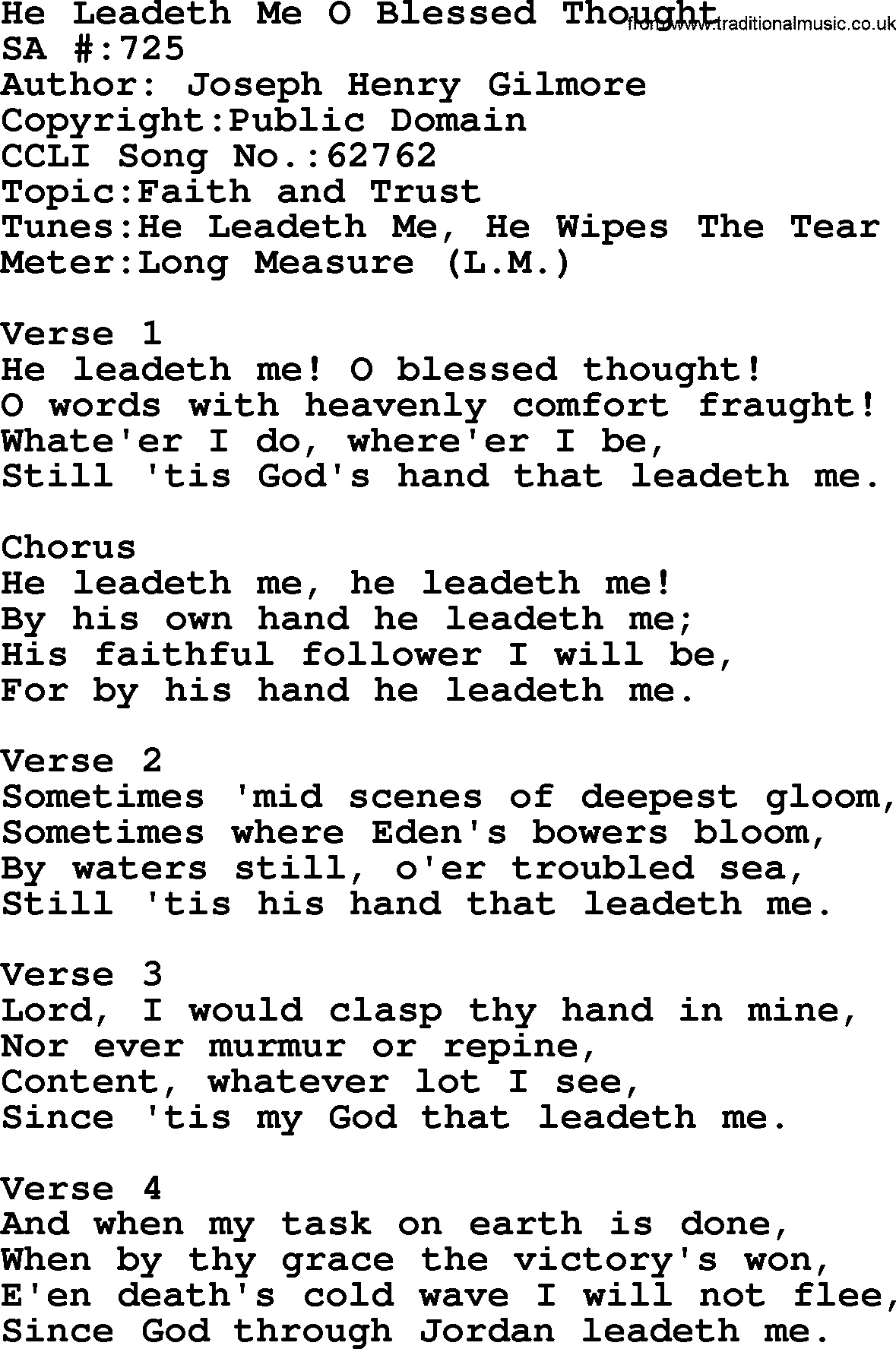Salvation Army Hymnal, title: He Leadeth Me O Blessed Thought, with lyrics and PDF,