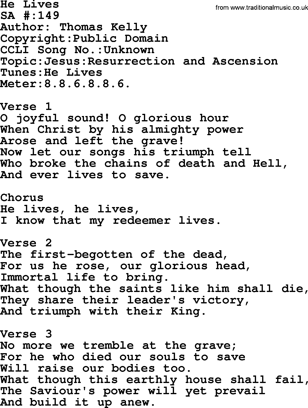 Salvation Army Hymnal, title: He Lives, with lyrics and PDF,