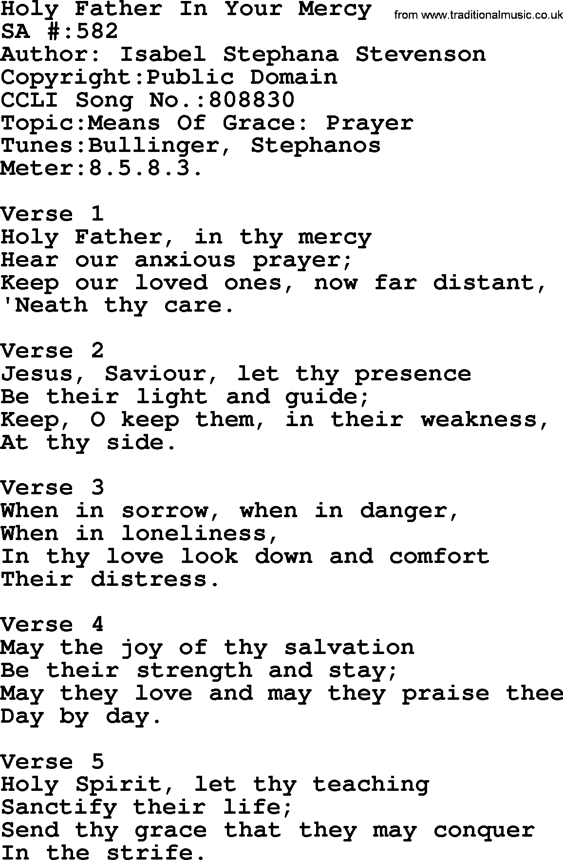 Salvation Army Hymnal, title: Holy Father In Your Mercy, with lyrics and PDF,