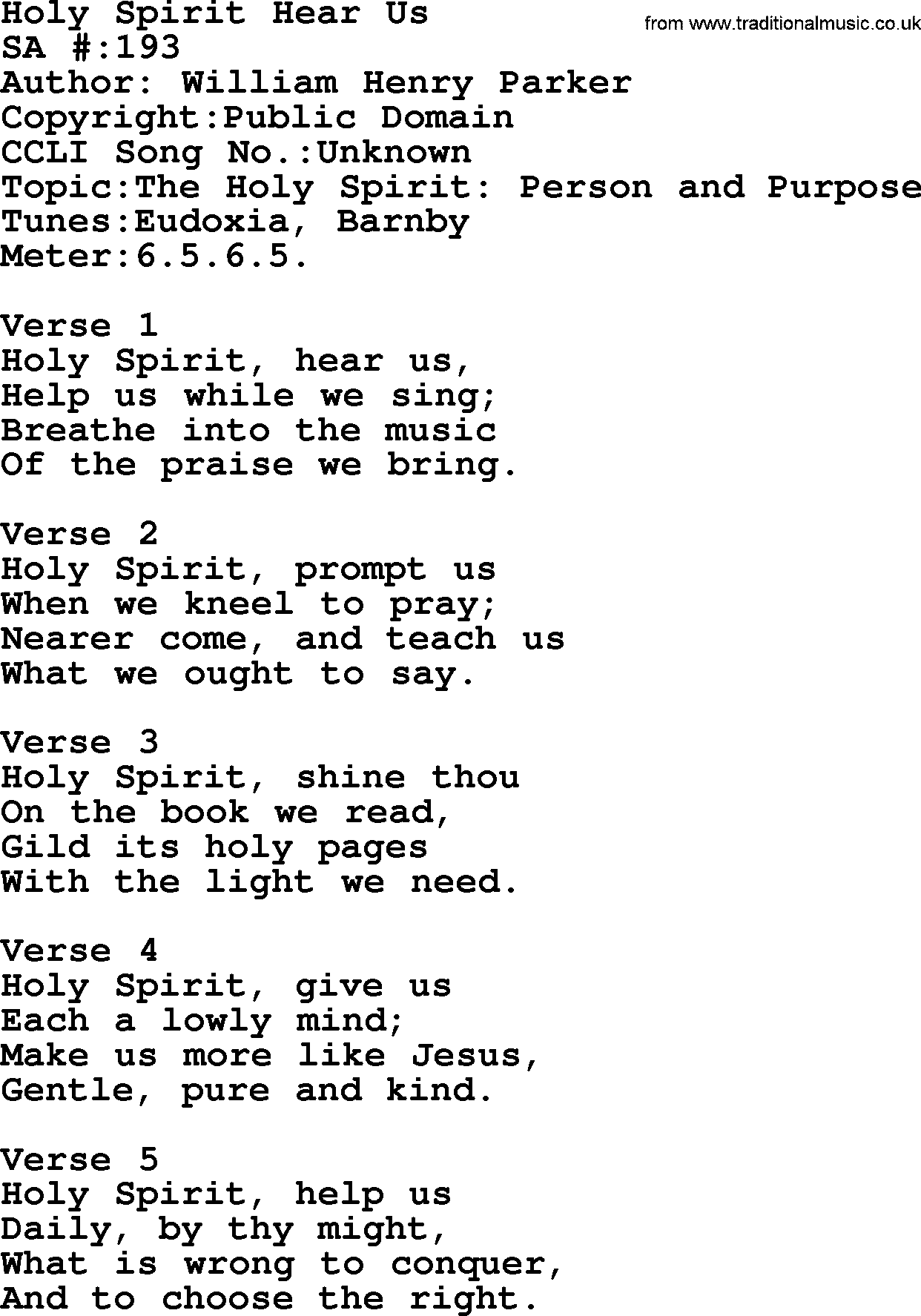 Salvation Army Hymnal, title: Holy Spirit Hear Us, with lyrics and PDF,