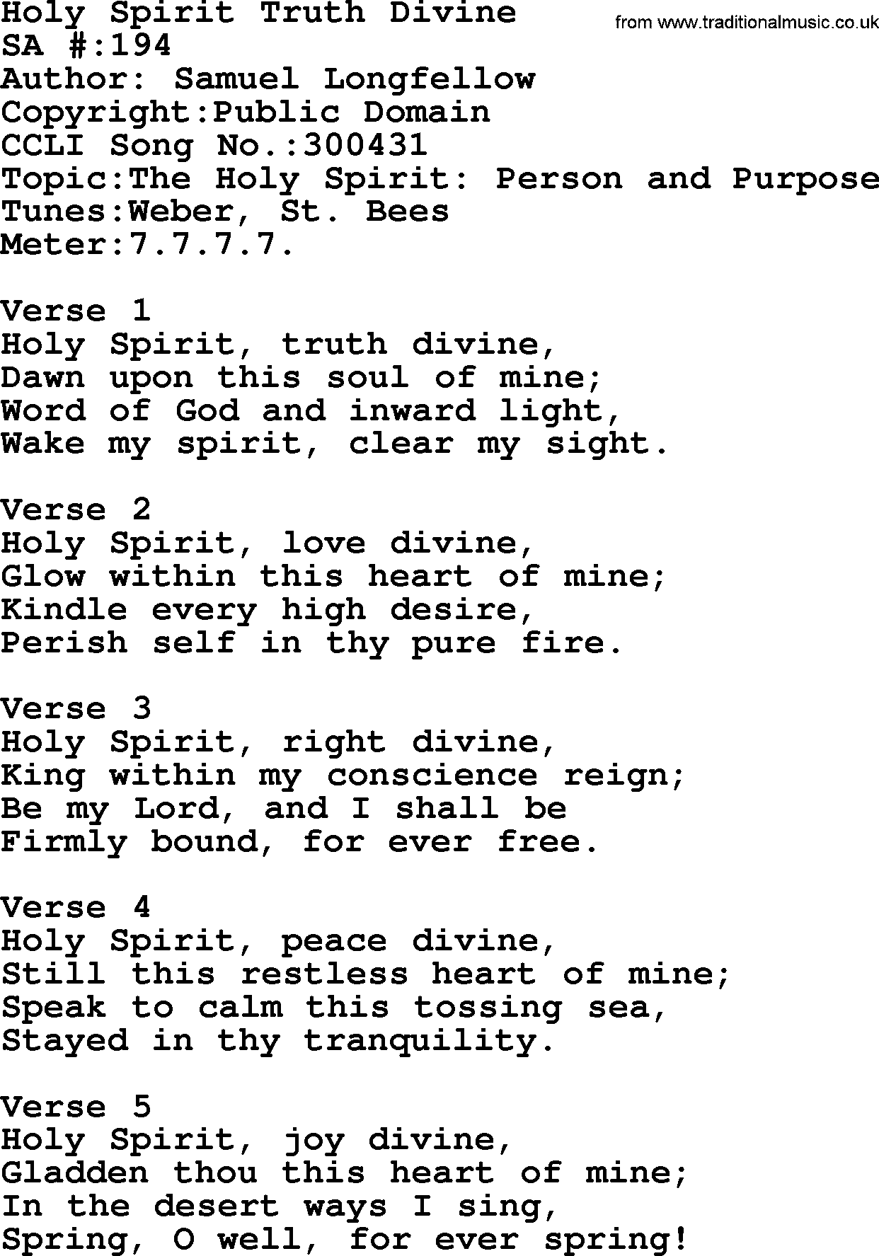 Salvation Army Hymnal, title: Holy Spirit Truth Divine, with lyrics and PDF,