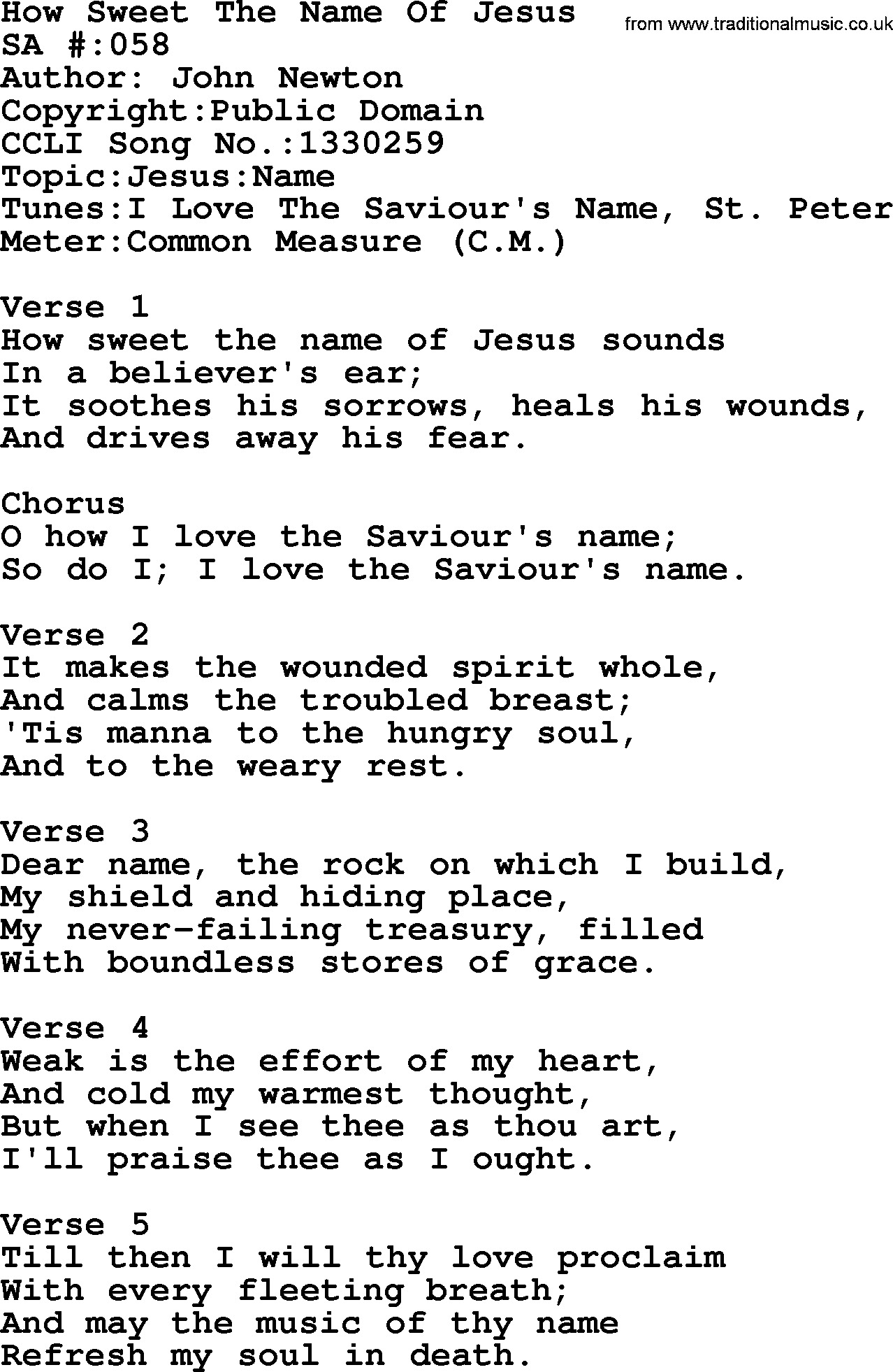 Salvation Army Hymnal, title: How Sweet The Name Of Jesus, with lyrics and PDF,