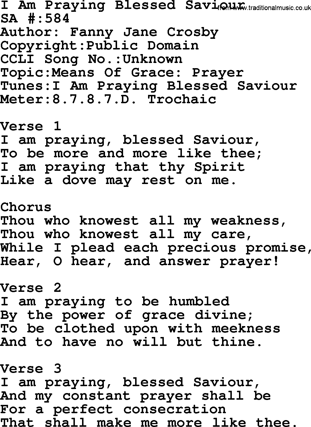 Salvation Army Hymnal, title: I Am Praying Blessed Saviour, with lyrics and PDF,