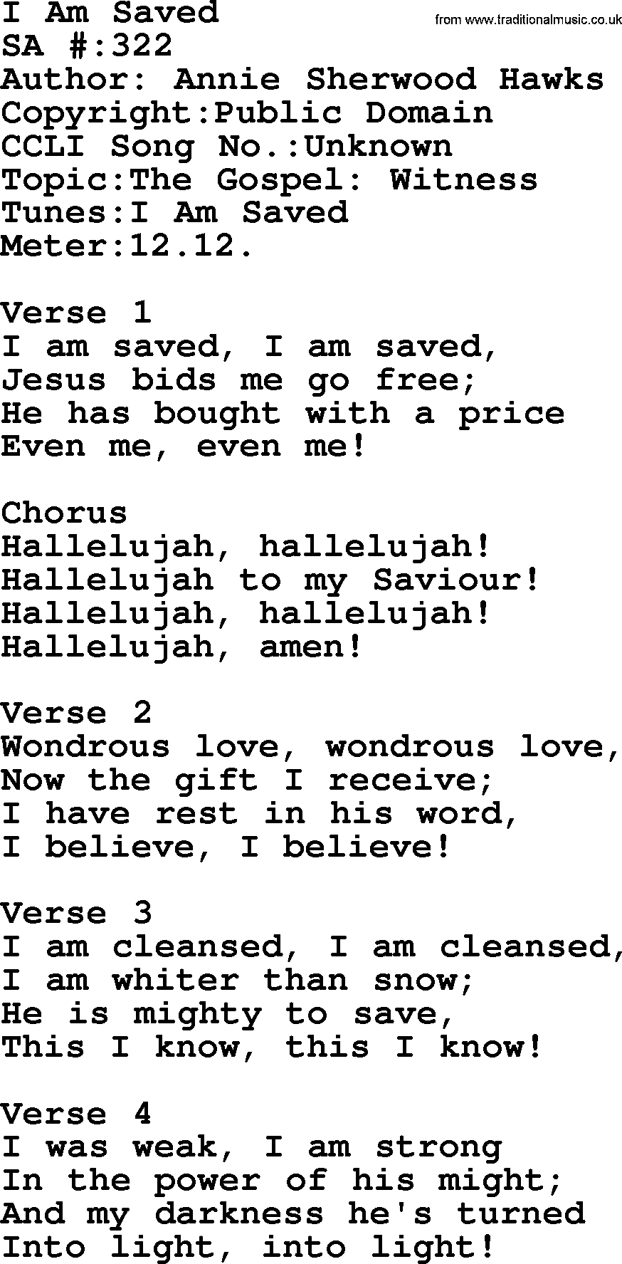 Salvation Army Hymnal, title: I Am Saved, with lyrics and PDF,