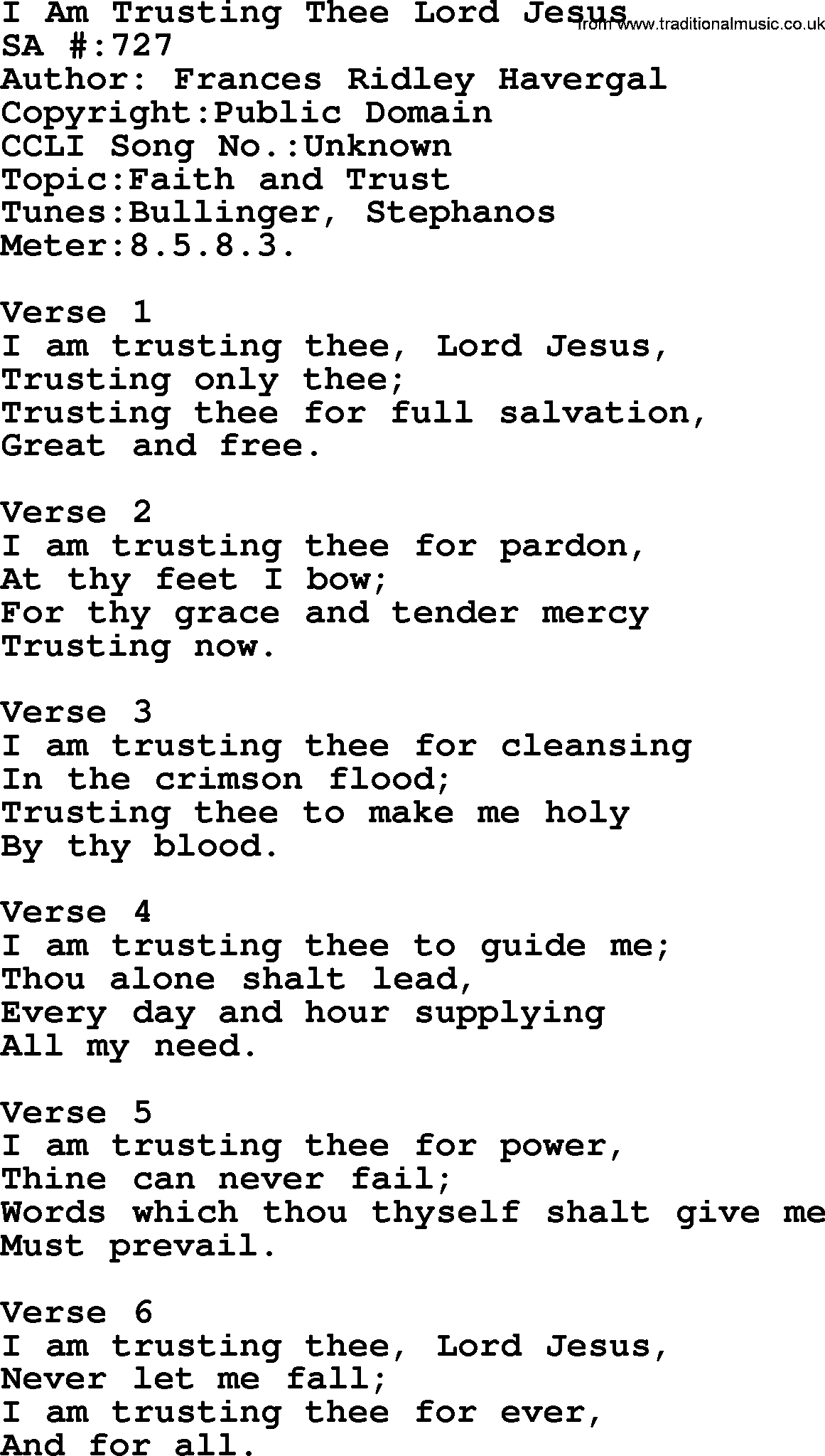 Salvation Army Hymnal, title: I Am Trusting Thee Lord Jesus, with lyrics and PDF,
