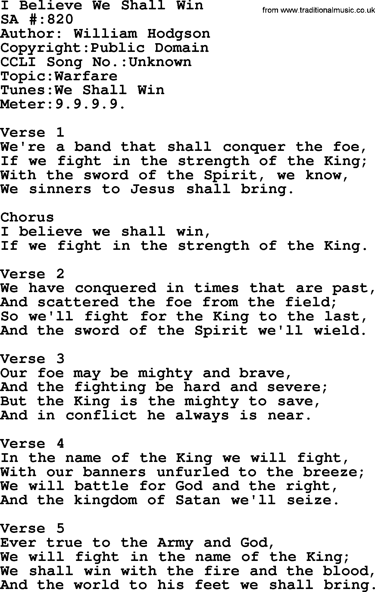 Salvation Army Hymnal, title: I Believe We Shall Win, with lyrics and PDF,
