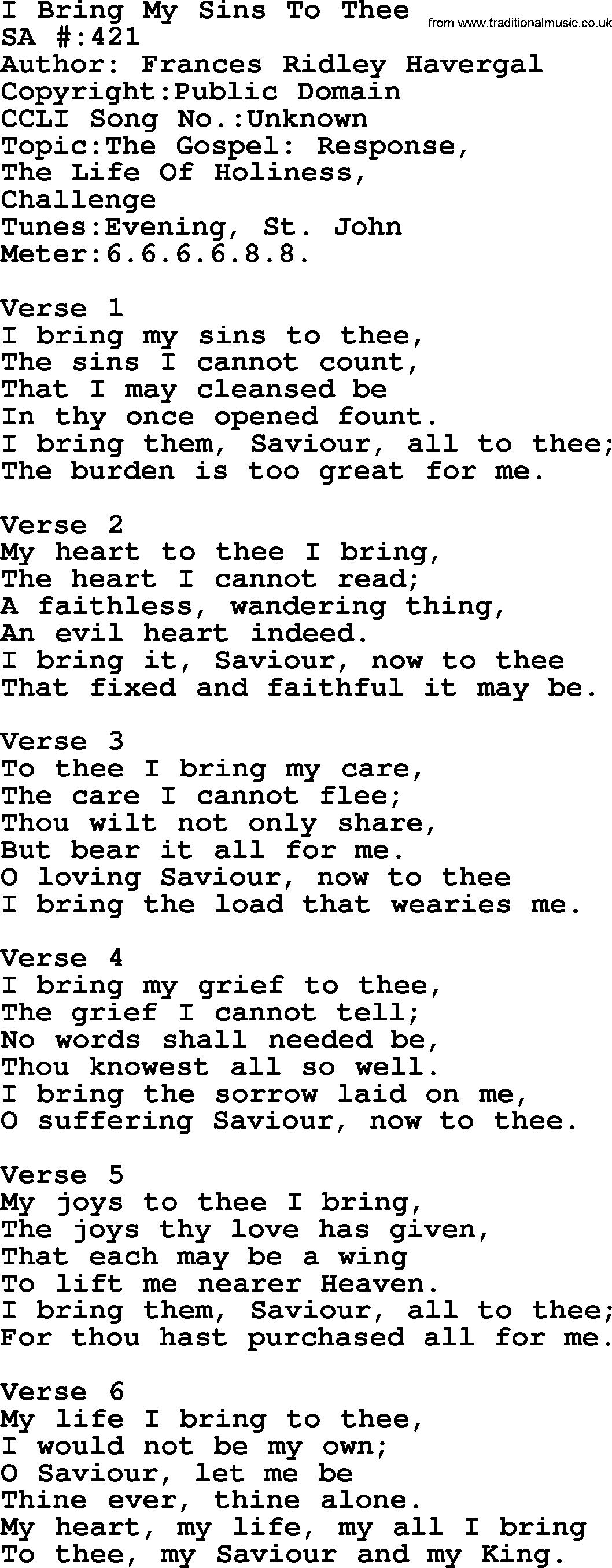 Salvation Army Hymnal, title: I Bring My Sins To Thee, with lyrics and PDF,