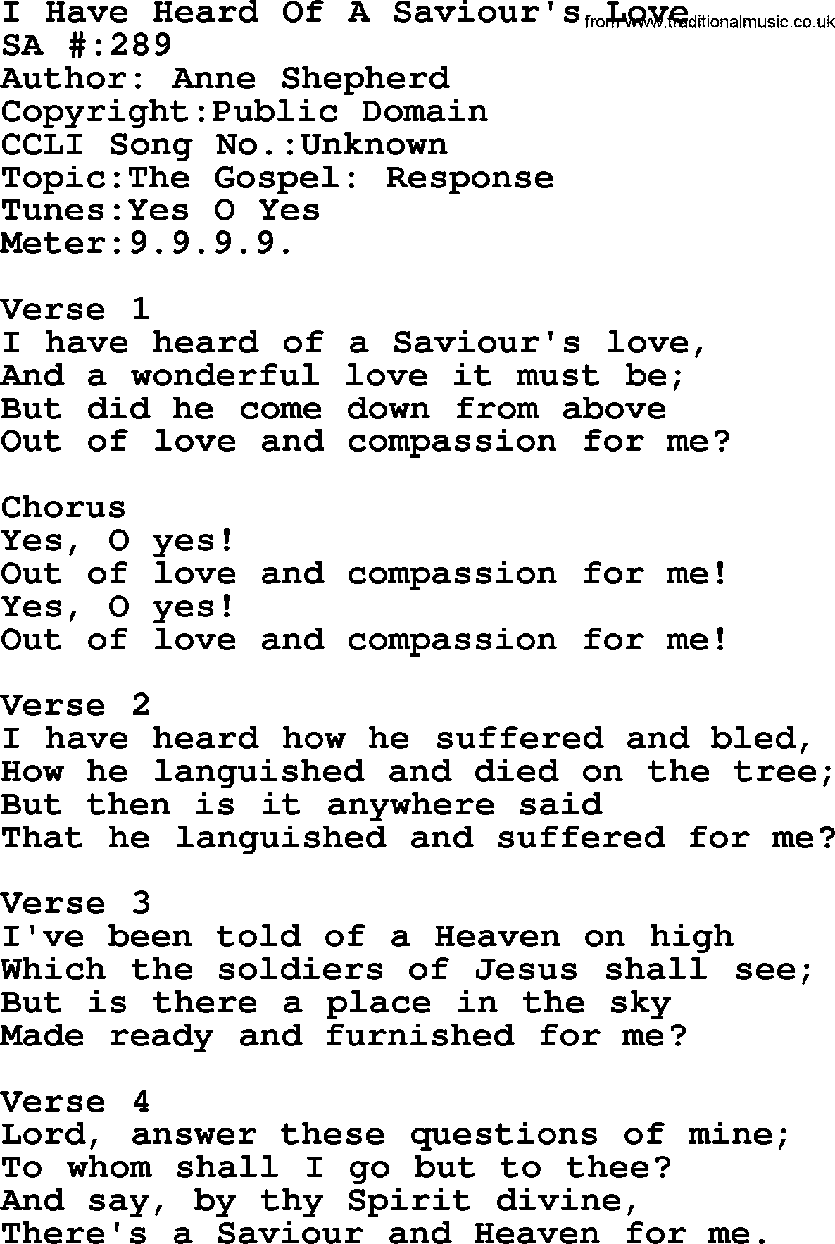 Salvation Army Hymnal, title: I Have Heard Of A Saviour's Love, with lyrics and PDF,