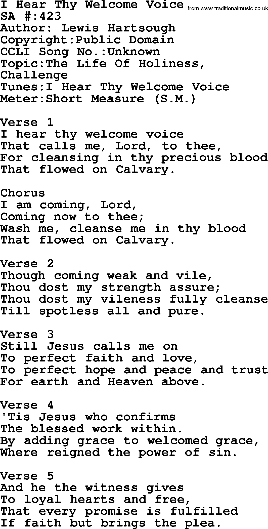 Salvation Army Hymnal, title: I Hear Thy Welcome Voice, with lyrics and PDF,