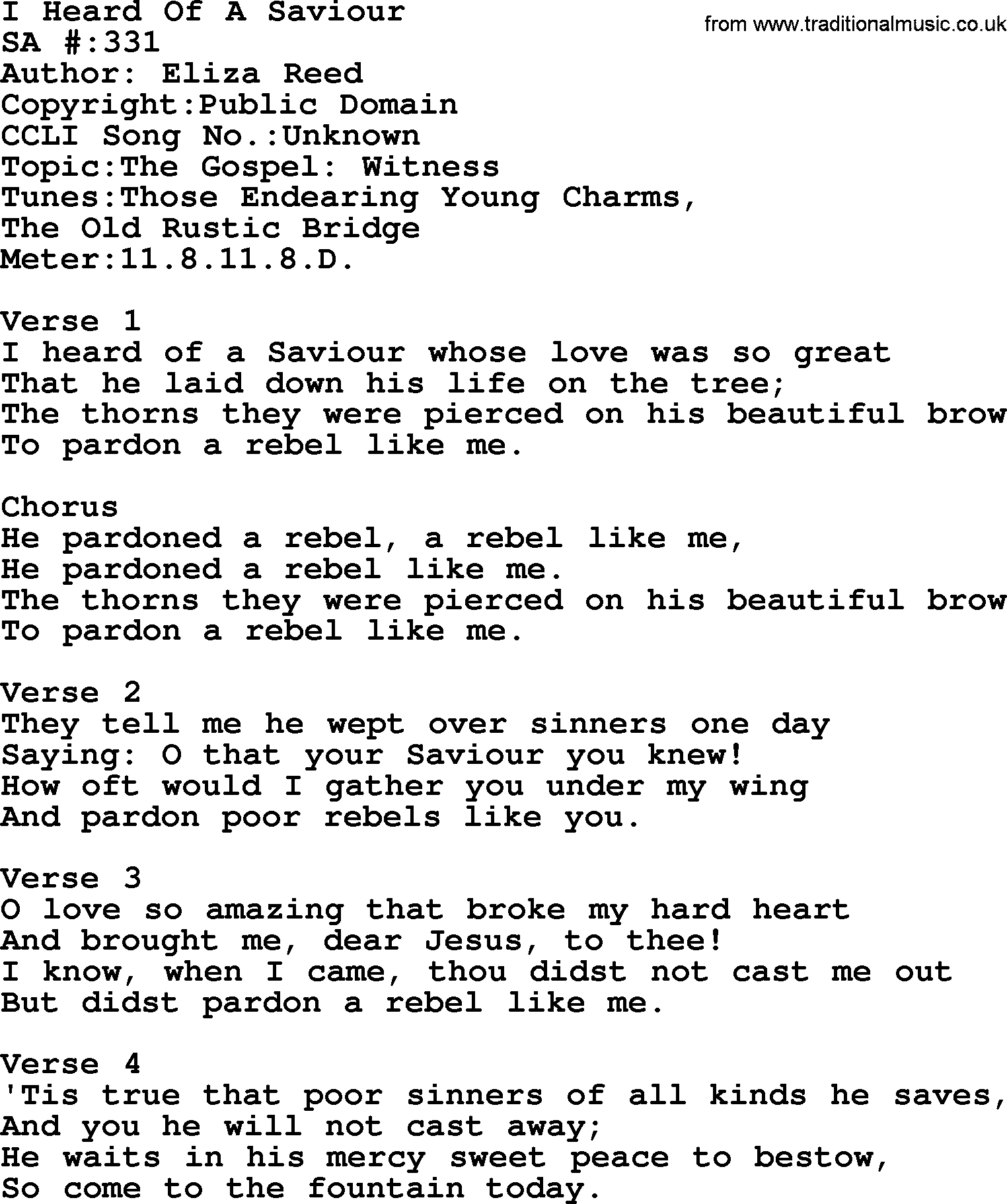 Salvation Army Hymnal, title: I Heard Of A Saviour, with lyrics and PDF,
