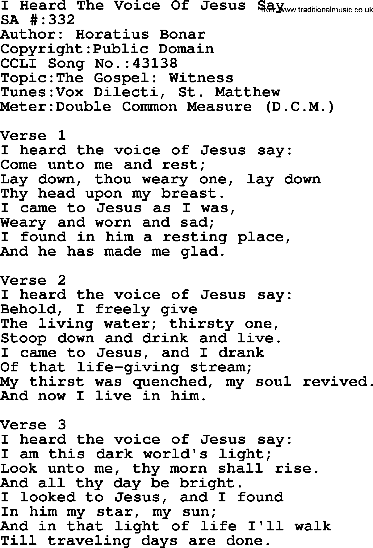 Salvation Army Hymnal, title: I Heard The Voice Of Jesus Say, with lyrics and PDF,