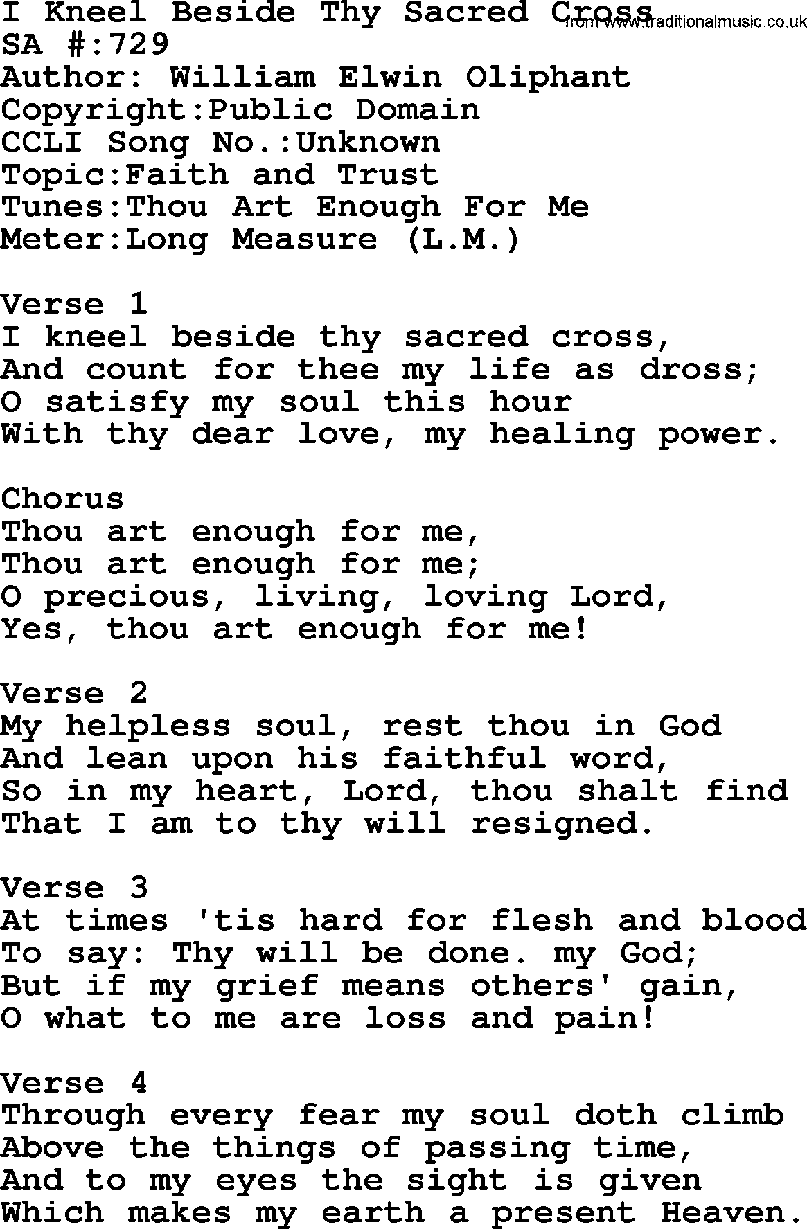 Salvation Army Hymnal, title: I Kneel Beside Thy Sacred Cross, with lyrics and PDF,