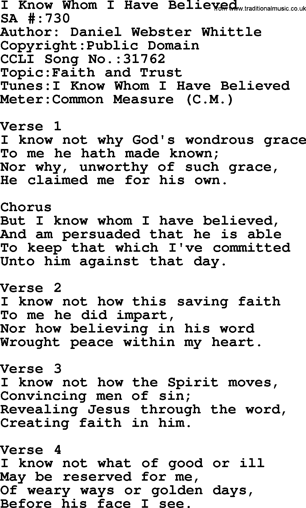 Salvation Army Hymnal, title: I Know Whom I Have Believed, with lyrics and PDF,