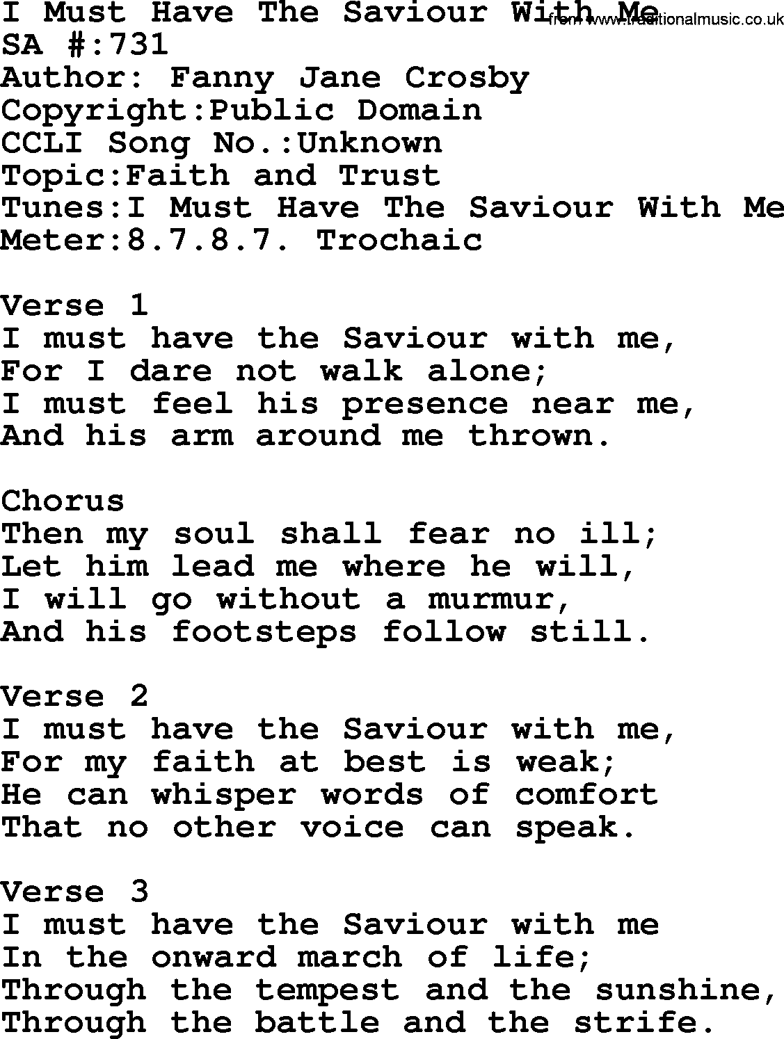 Salvation Army Hymnal, title: I Must Have The Saviour With Me, with lyrics and PDF,