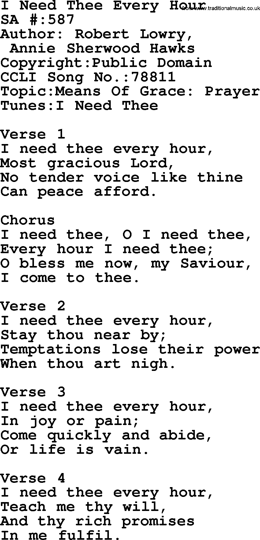 Salvation Army Hymnal, title: I Need Thee Every Hour, with lyrics and PDF,