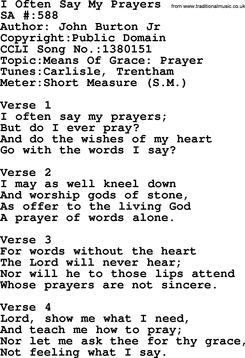 Salvation Army Hymnal, title: I Often Say My Prayers, with lyrics and PDF,