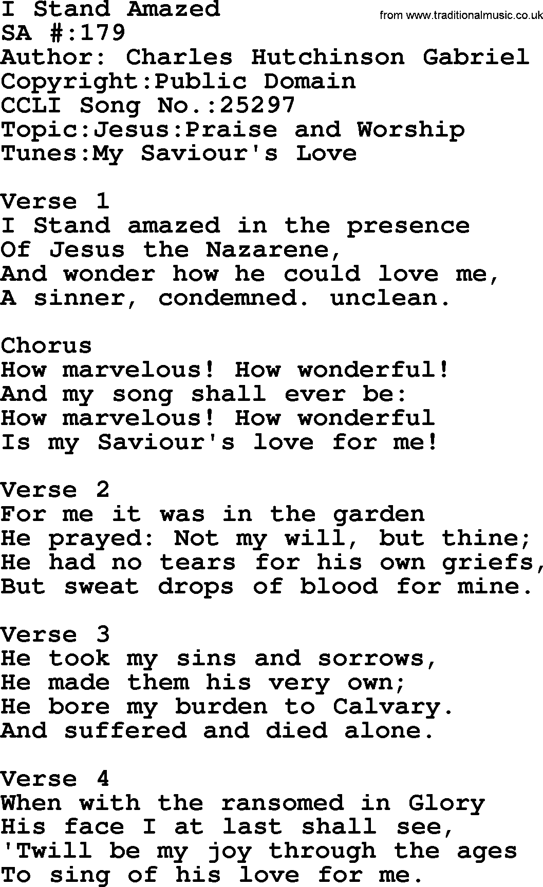 Salvation Army Hymnal, title: I Stand Amazed, with lyrics and PDF,