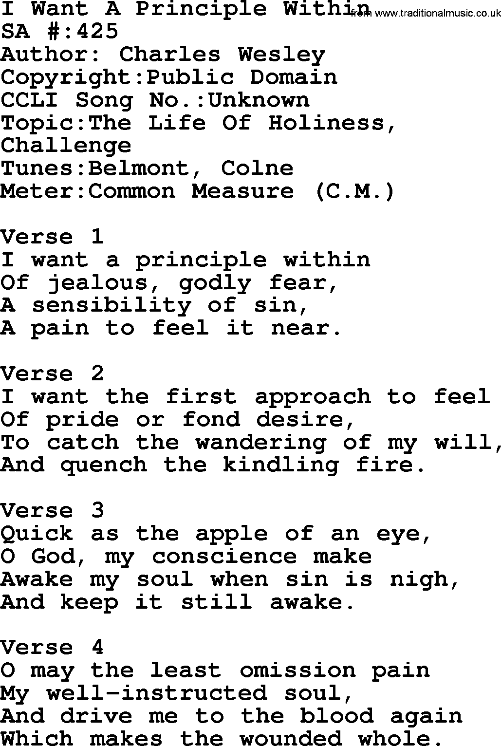 Salvation Army Hymnal, title: I Want A Principle Within, with lyrics and PDF,
