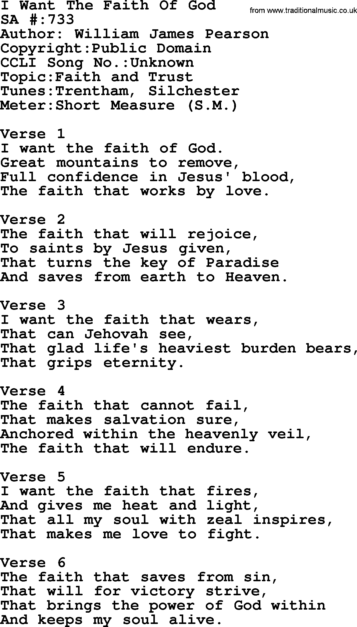 Salvation Army Hymnal, title: I Want The Faith Of God, with lyrics and PDF,
