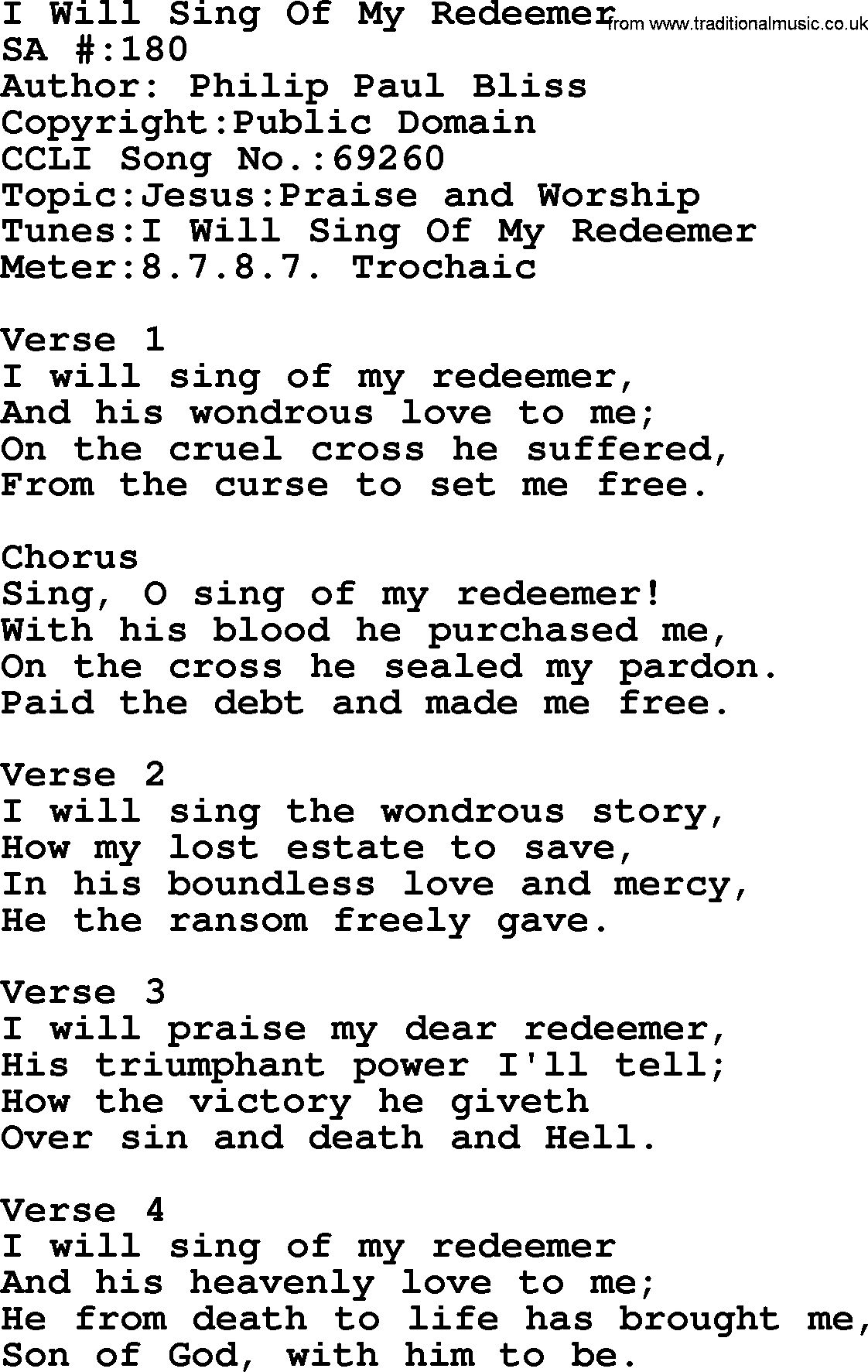Salvation Army Hymnal, title: I Will Sing Of My Redeemer, with lyrics and PDF,