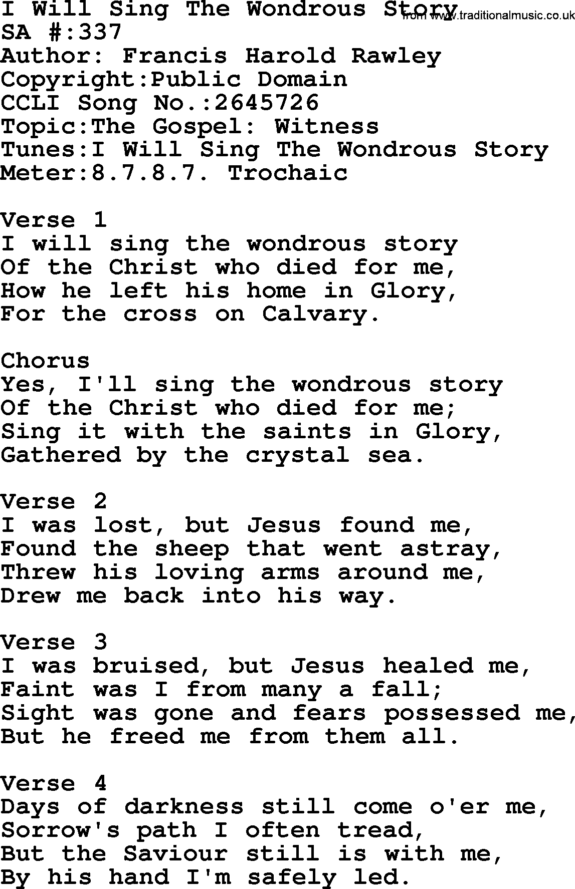 Salvation Army Hymnal, title: I Will Sing The Wondrous Story, with lyrics and PDF,