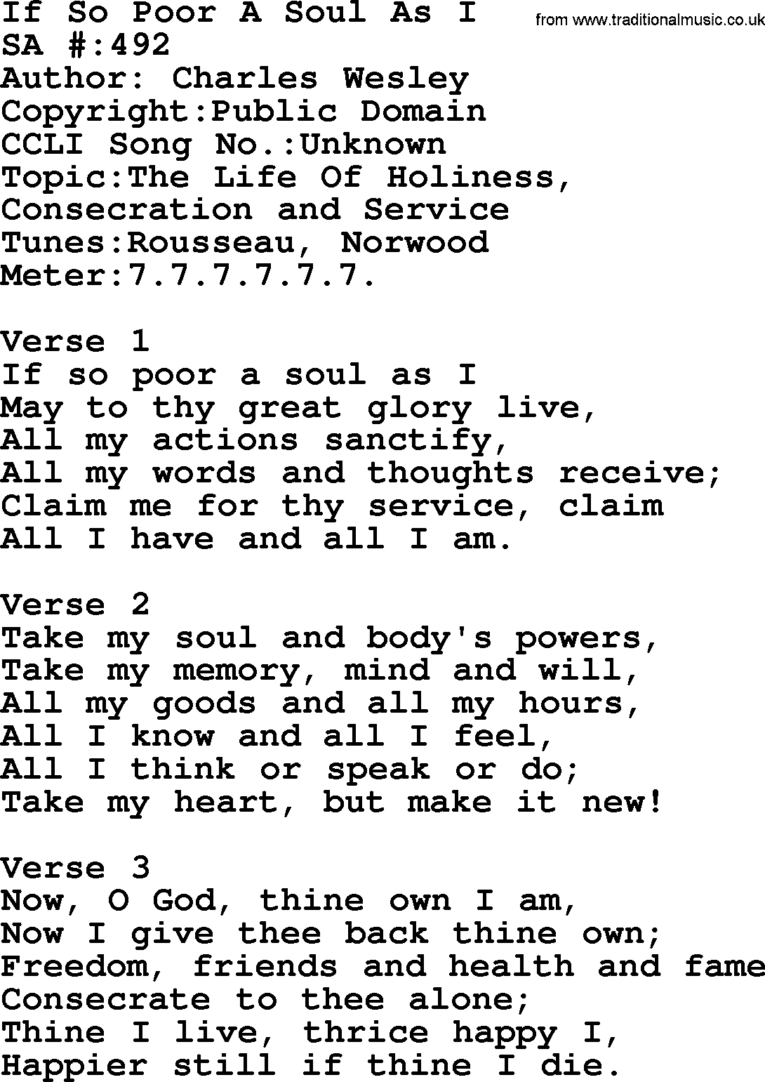 Salvation Army Hymnal, title: If So Poor A Soul As I, with lyrics and PDF,