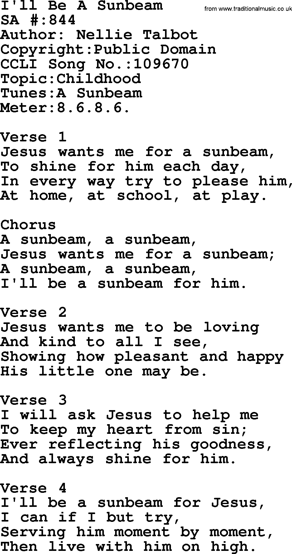 Salvation Army Hymnal, title: I'll Be A Sunbeam, with lyrics and PDF,