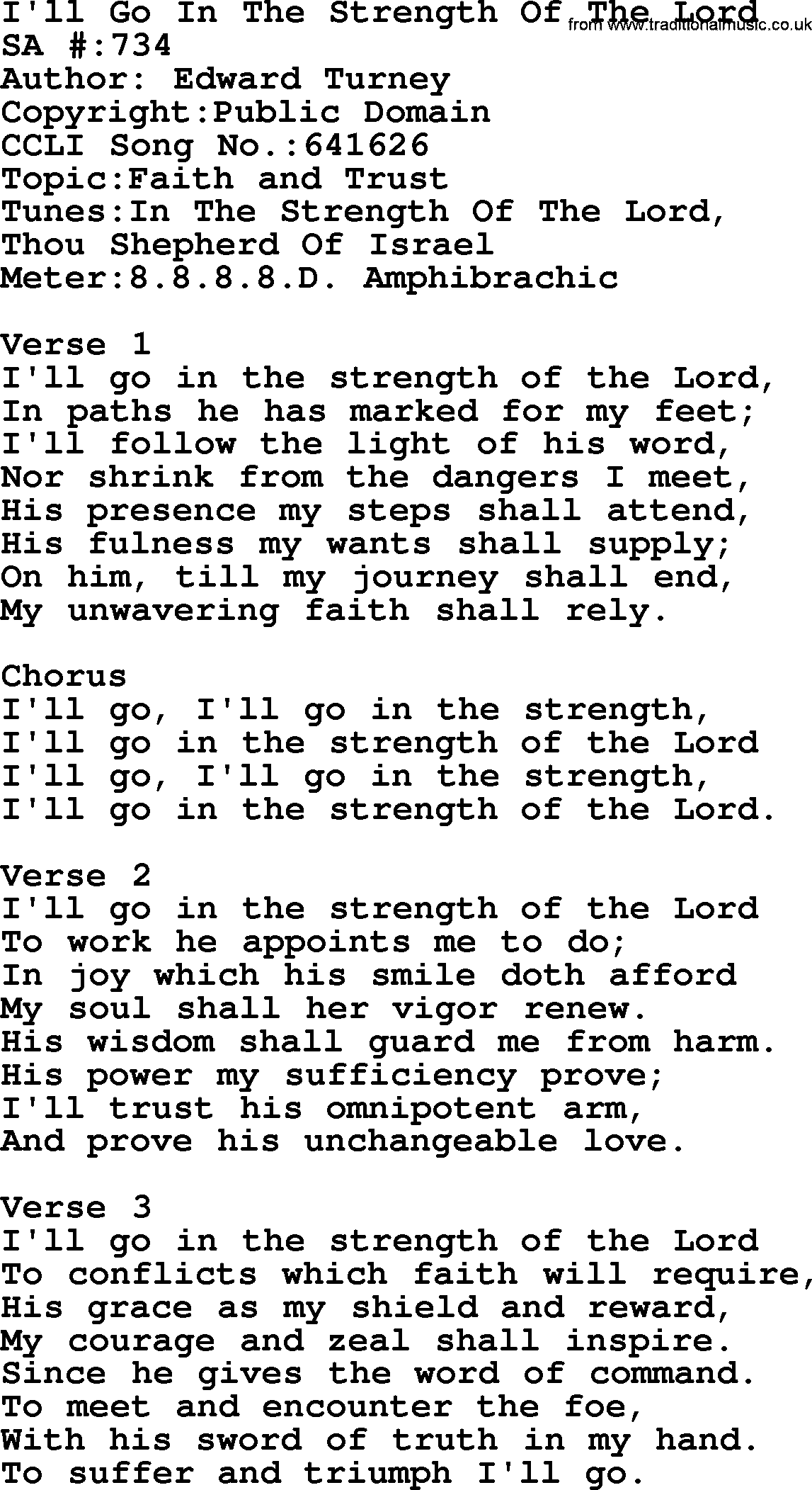 Salvation Army Hymnal, title: I'll Go In The Strength Of The Lord, with lyrics and PDF,