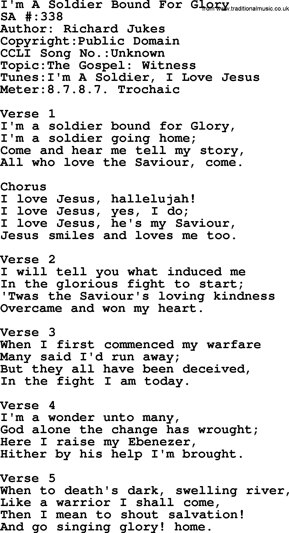 Salvation Army Hymnal, title: I'm A Soldier Bound For Glory, with lyrics and PDF,