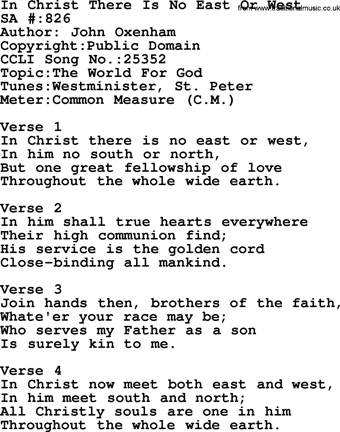 Salvation Army Hymnal, title: In Christ There Is No East Or West, with lyrics and PDF,