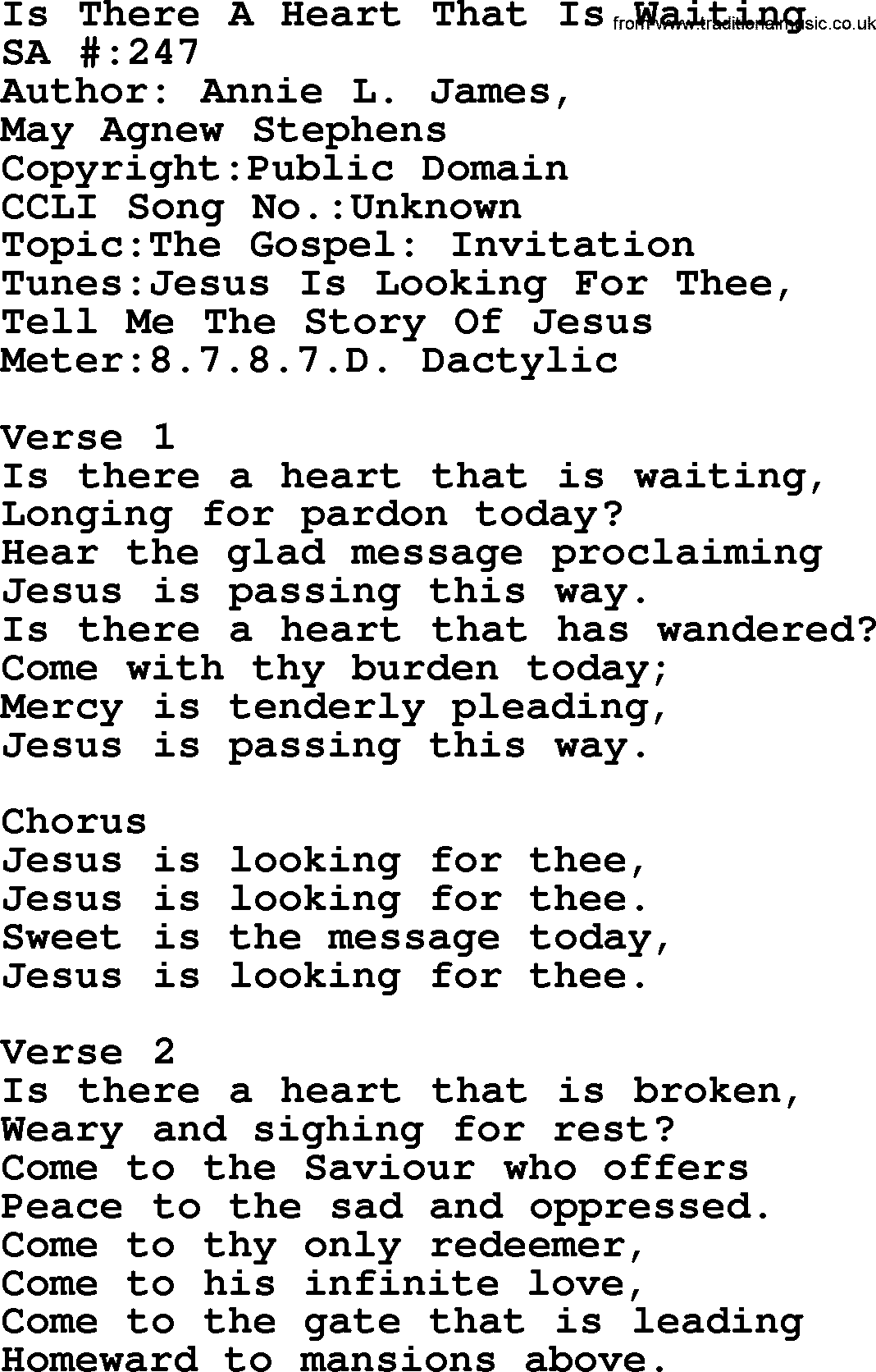 Salvation Army Hymnal, title: Is There A Heart That Is Waiting, with lyrics and PDF,