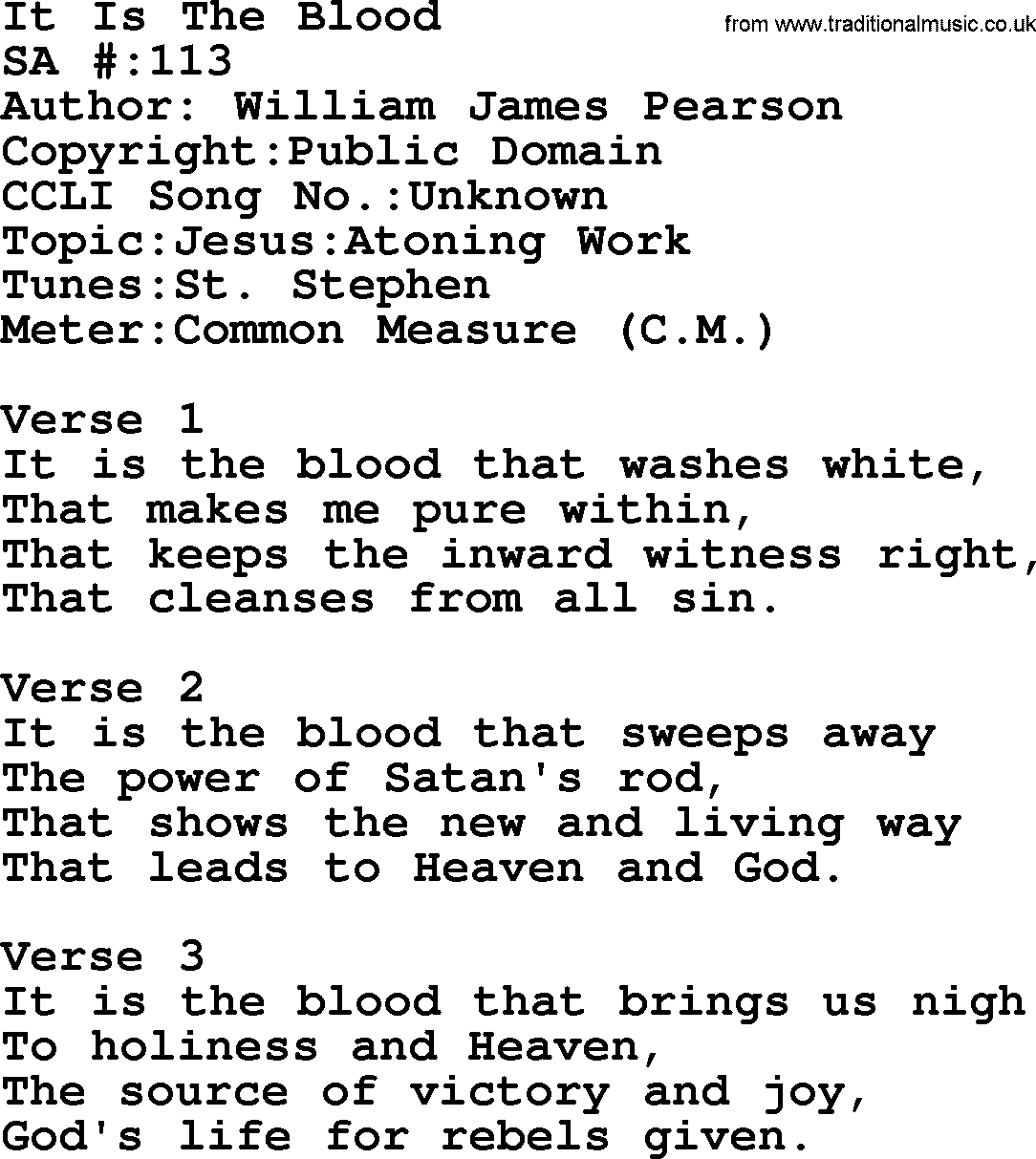 Salvation Army Hymnal, title: It Is The Blood, with lyrics and PDF,