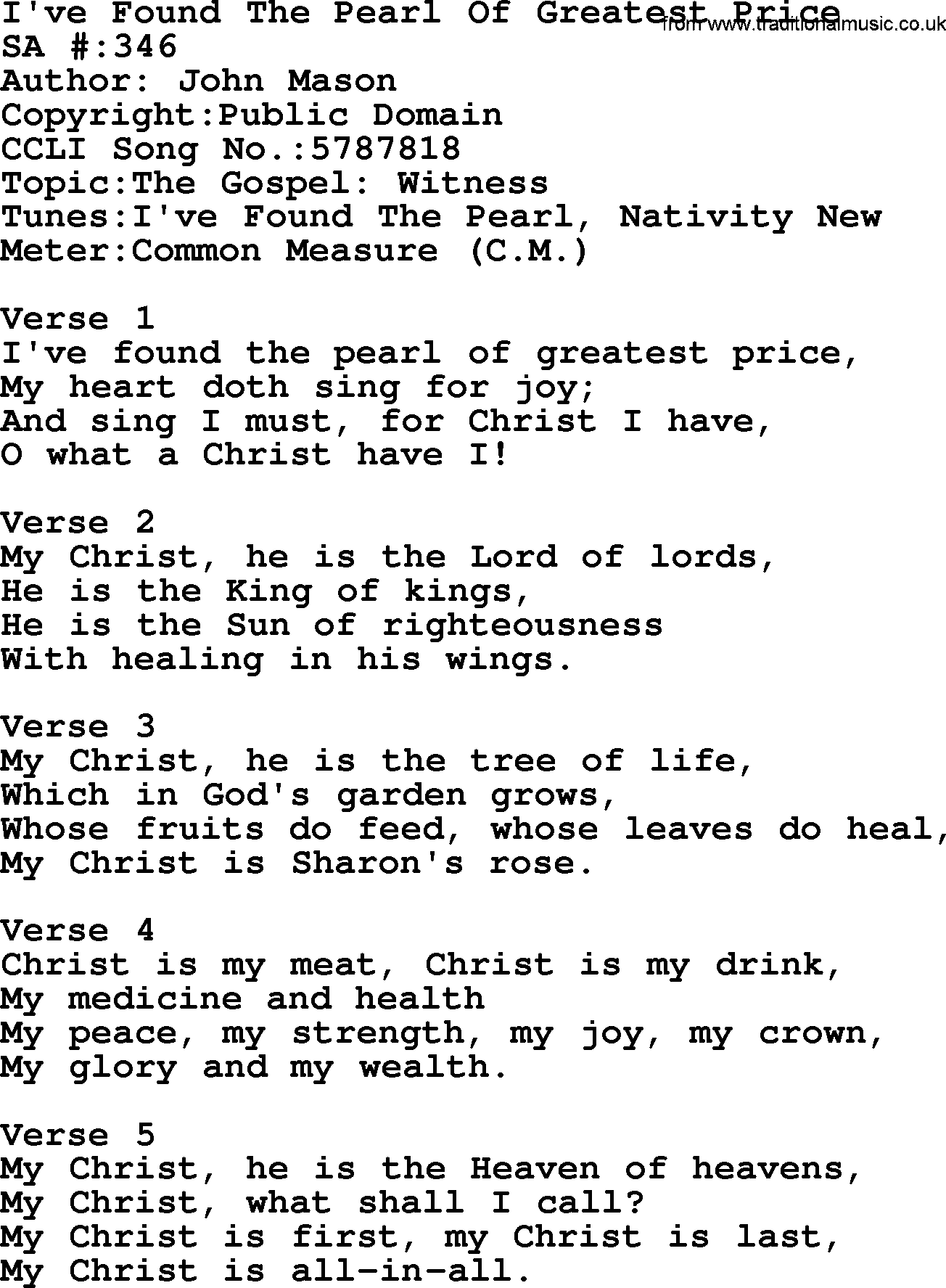 Salvation Army Hymnal, title: I've Found The Pearl Of Greatest Price, with lyrics and PDF,