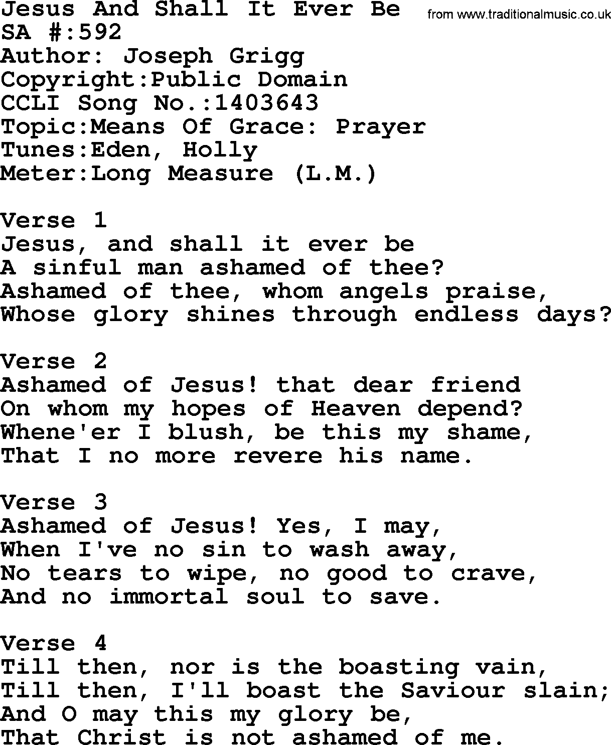 Salvation Army Hymnal, title: Jesus And Shall It Ever Be, with lyrics and PDF,