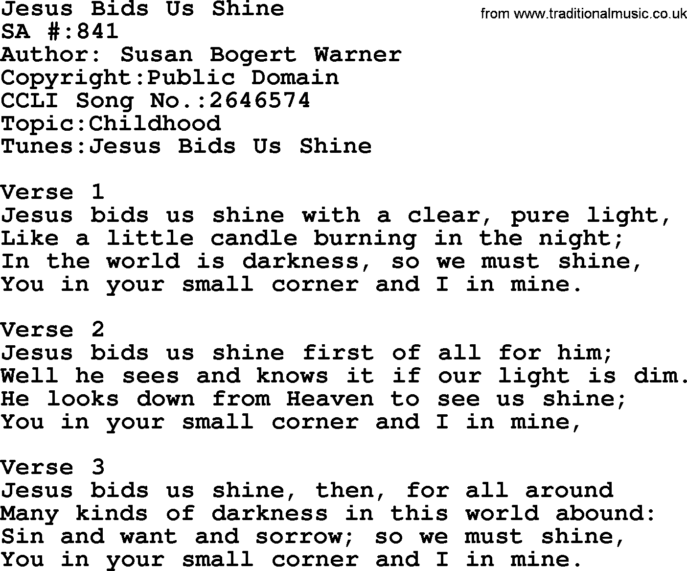 Salvation Army Hymnal, title: Jesus Bids Us Shine, with lyrics and PDF,