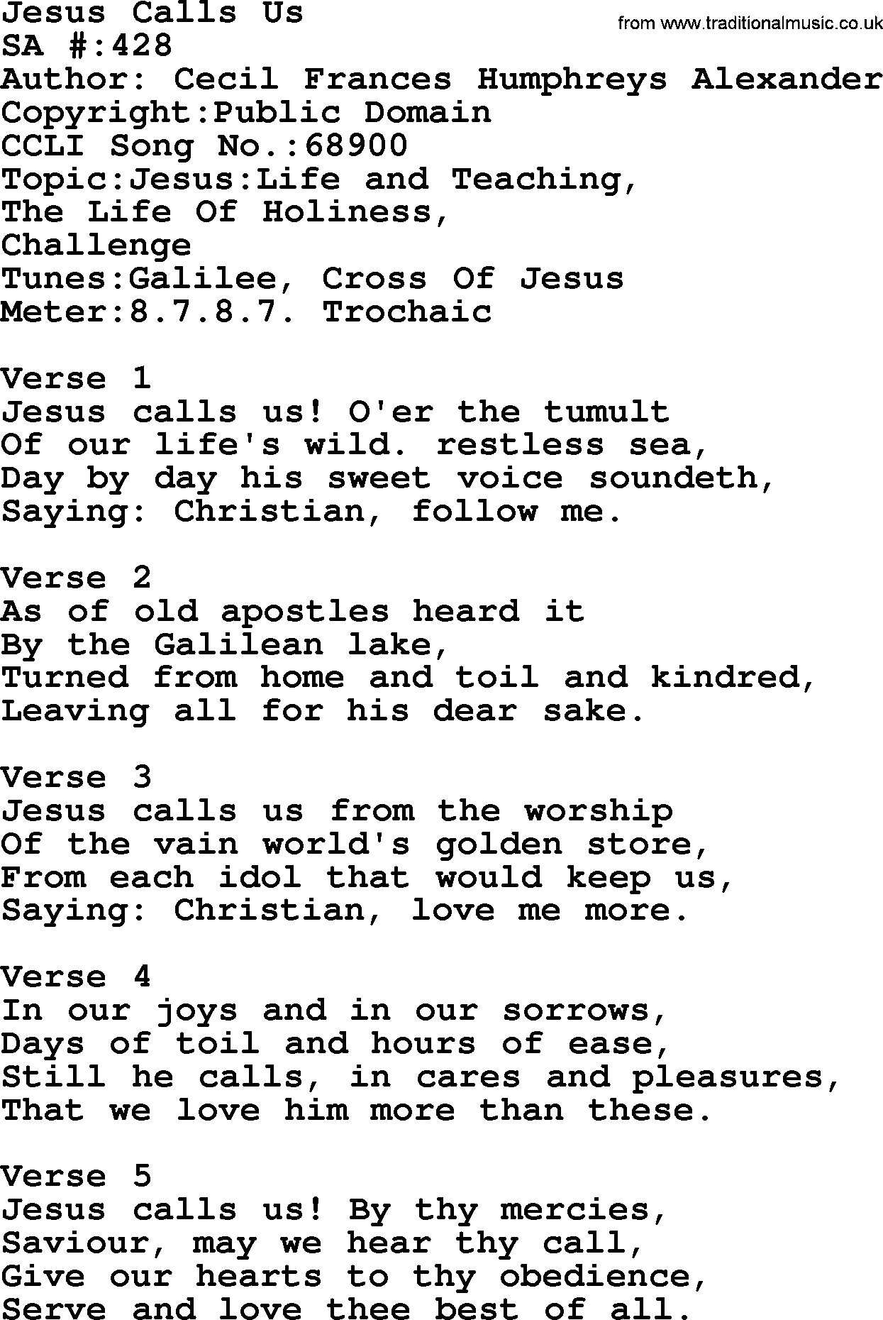 Salvation Army Hymnal, title: Jesus Calls Us, with lyrics and PDF,
