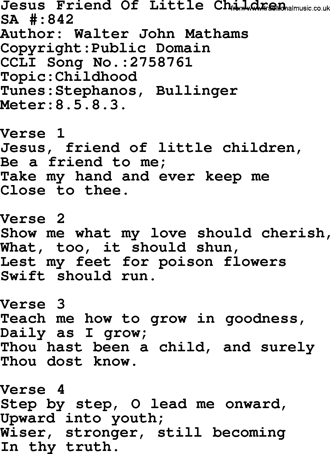 Salvation Army Hymnal, title: Jesus Friend Of Little Children, with lyrics and PDF,
