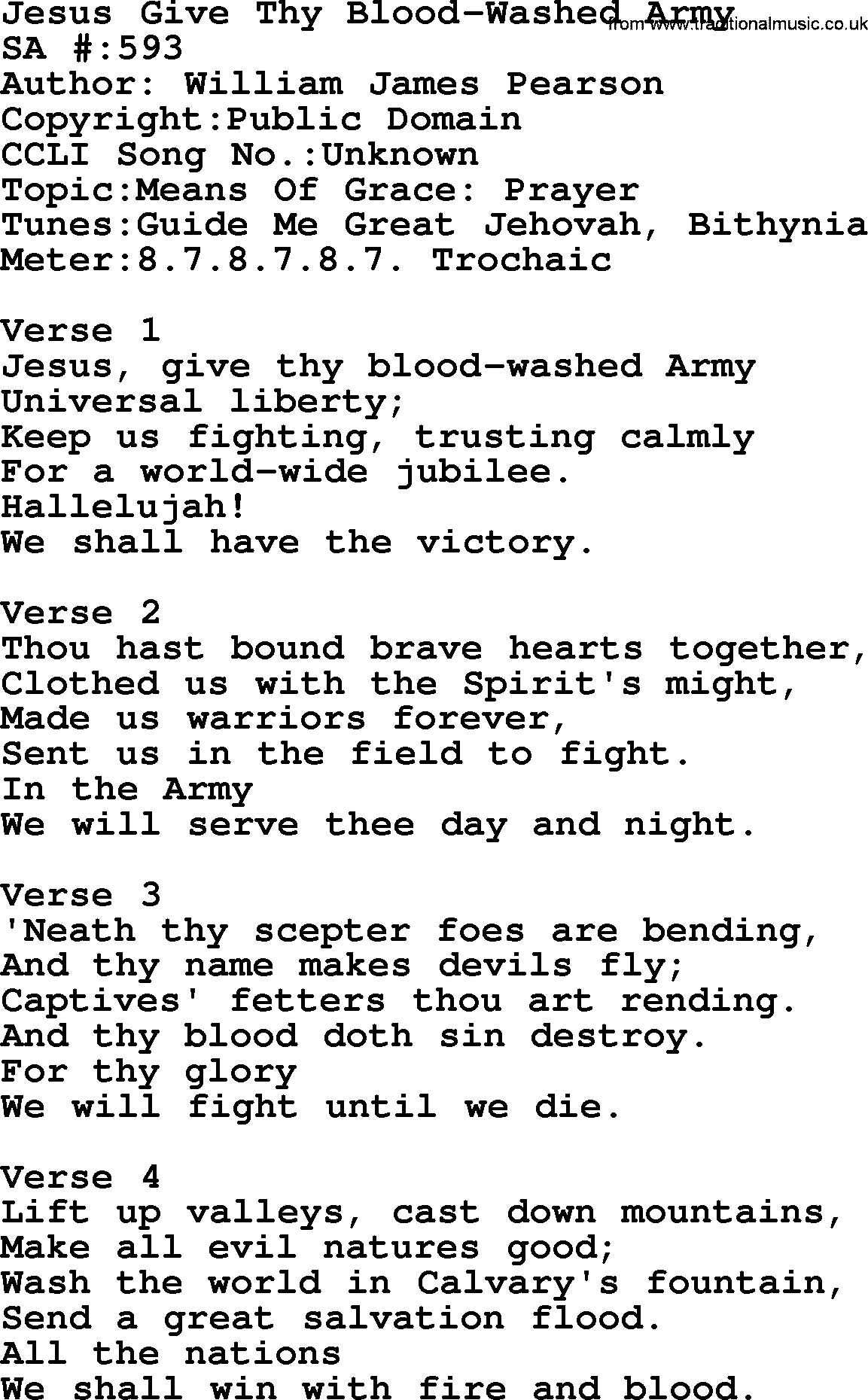 Salvation Army Hymnal, title: Jesus Give Thy Blood-Washed Army, with lyrics and PDF,