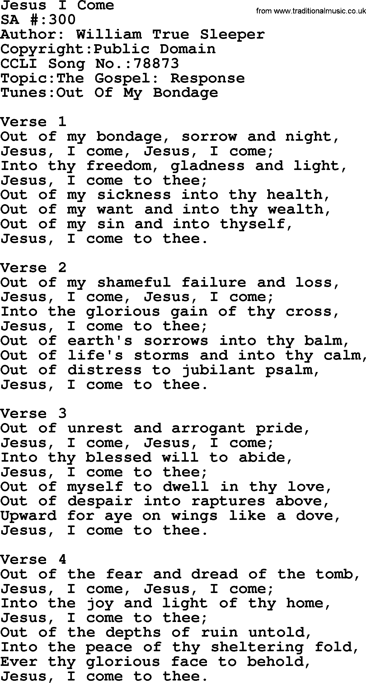 Salvation Army Hymnal, title: Jesus I Come, with lyrics and PDF,
