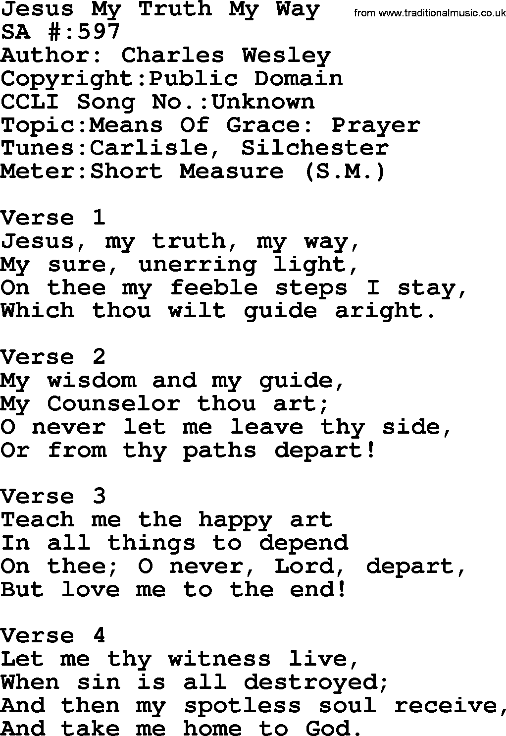 Salvation Army Hymnal, title: Jesus My Truth My Way, with lyrics and PDF,