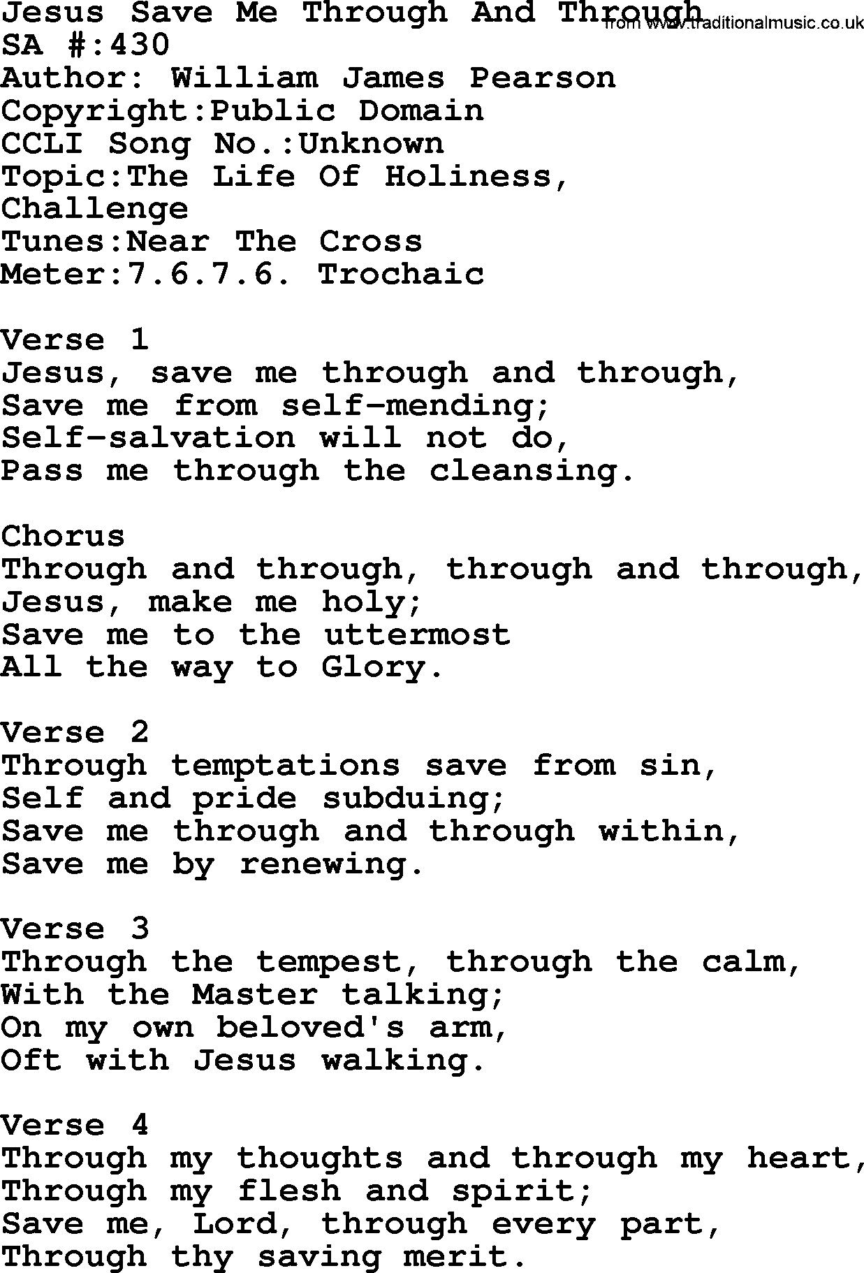 Salvation Army Hymnal, title: Jesus Save Me Through And Through, with lyrics and PDF,